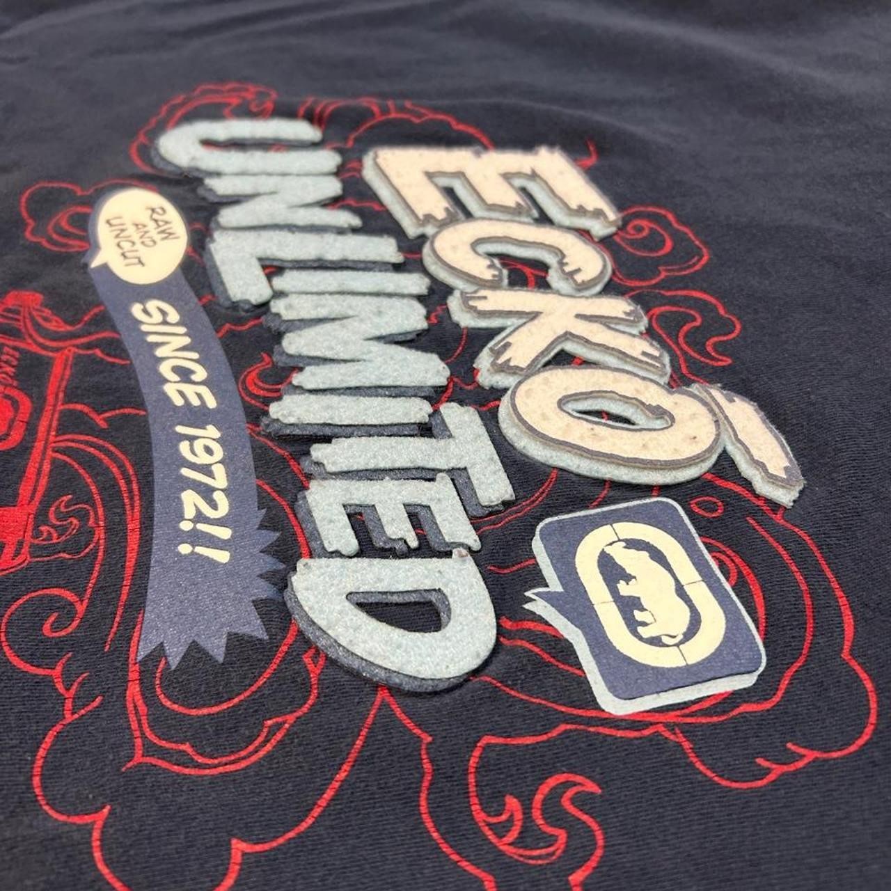 Y2K skate grail Ecko Unltd navy blue tee with textured patchwork on size M
