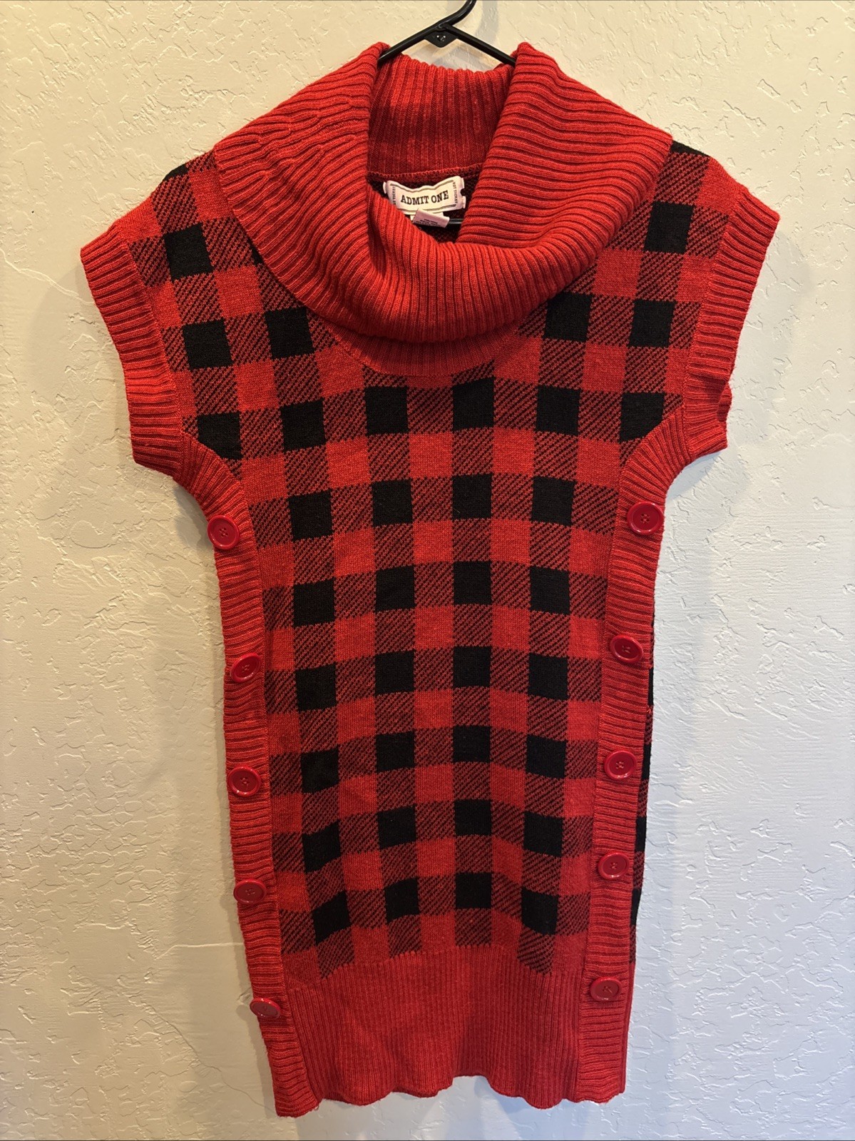 Admit One Red & Black Plaid Short Sleeve Knit Sweater Dress Junior Size S