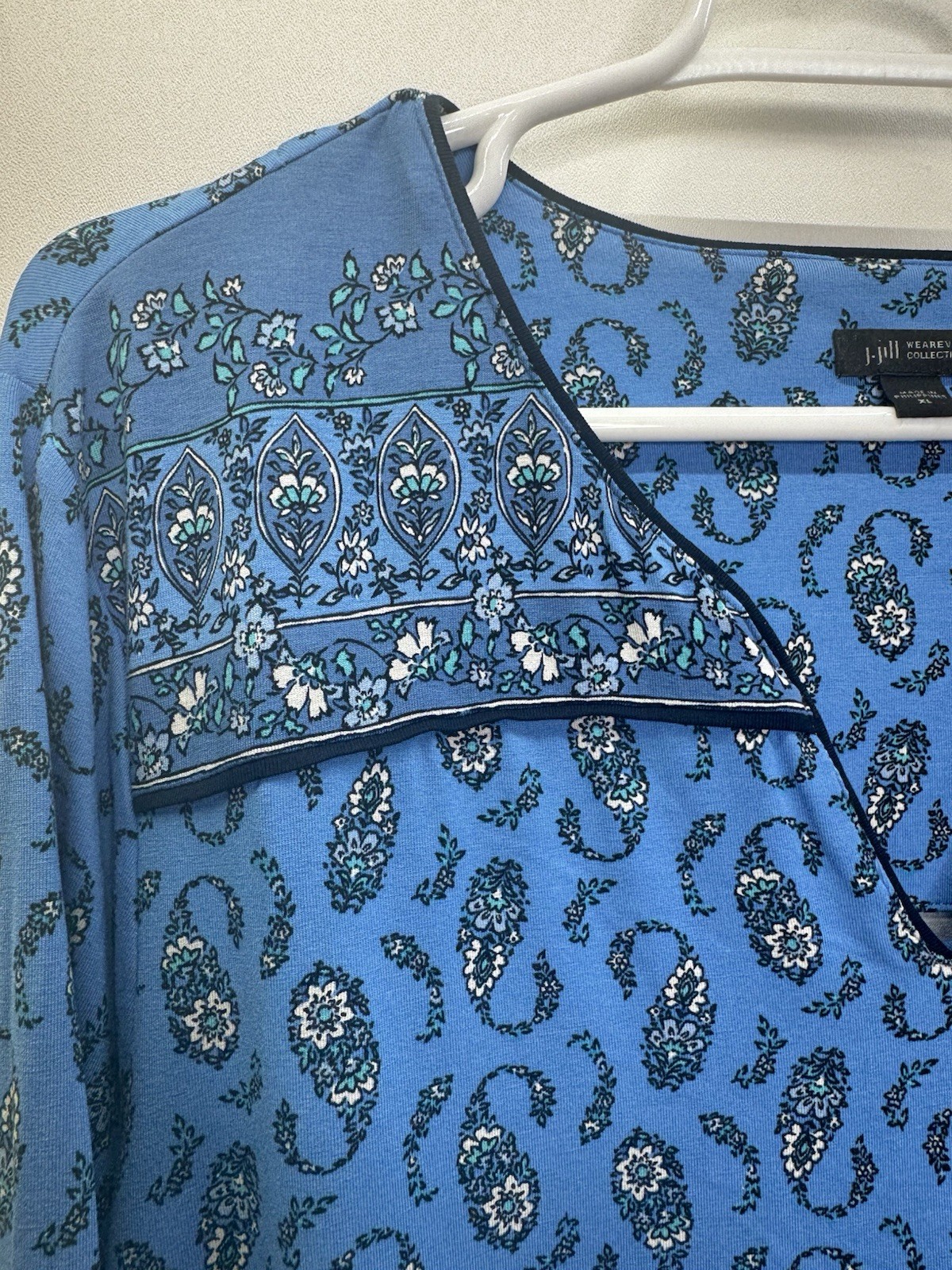 J Jill Wearever Collection Blue Black Paisley Tunic Pullover Balloon Sleeve XL