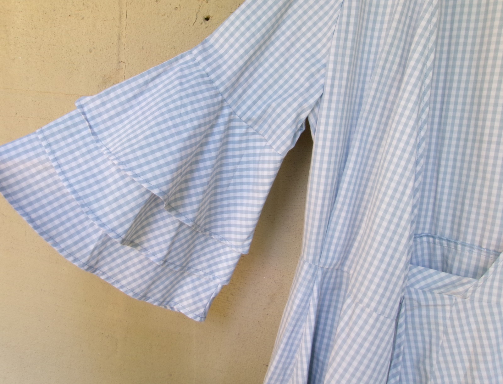 Calvin Klein NWT Blue/White Check Wrap Dress Tiered Ruffle Sleeves Pockets 10
