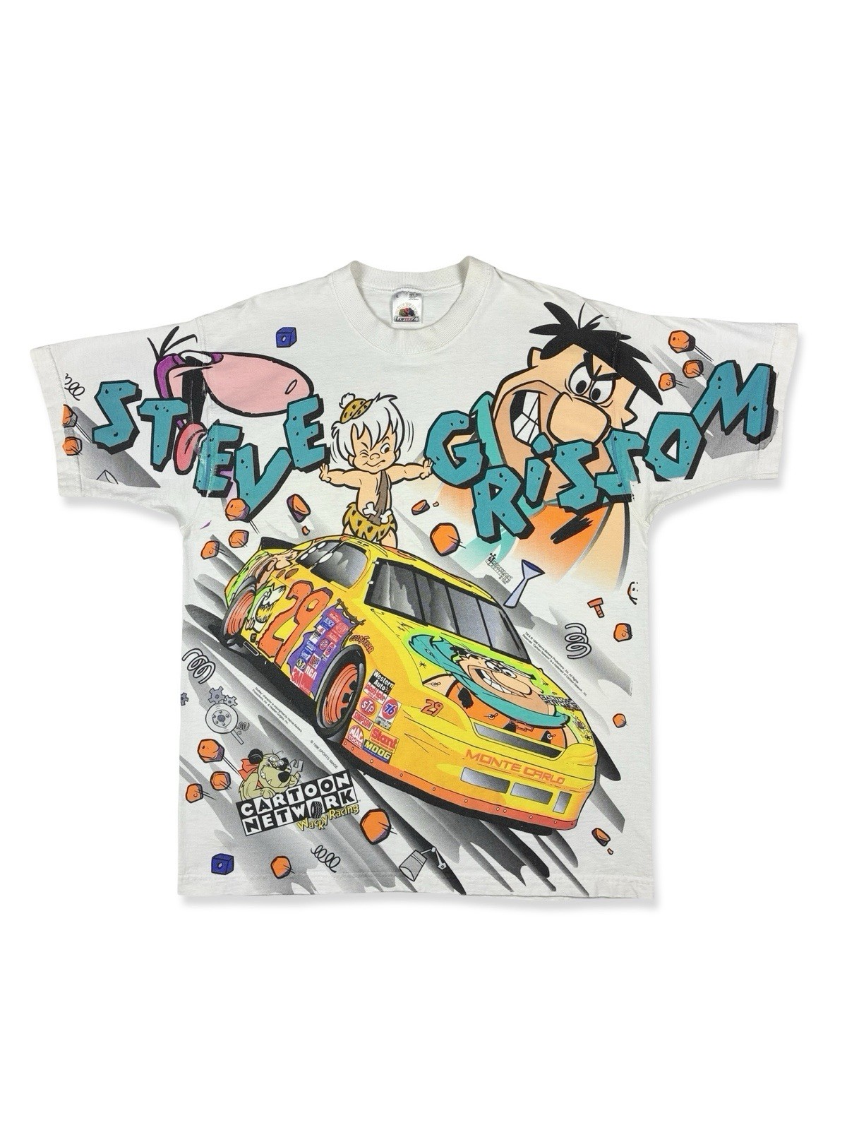VTG 1996 NASCAR Flintstones Steve Grissom Cartoon Network AOP Wacky T-Shirt L