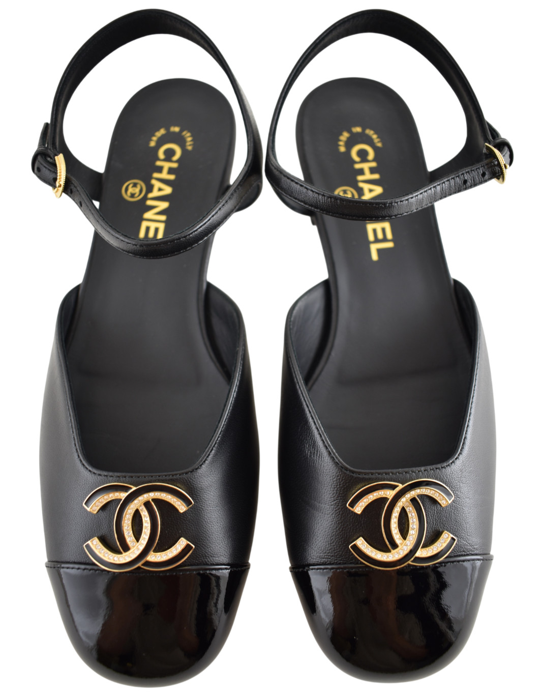 Chanel 25P Black Patent Gold CC Slingback Ankle Strap Ballerina Ballet Flat 37