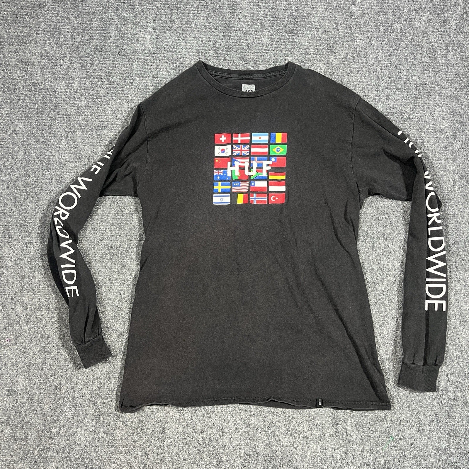 Huf Shirt Mens Medium World Wide Spellout Skateboarding Y2K Skater Hip Hop