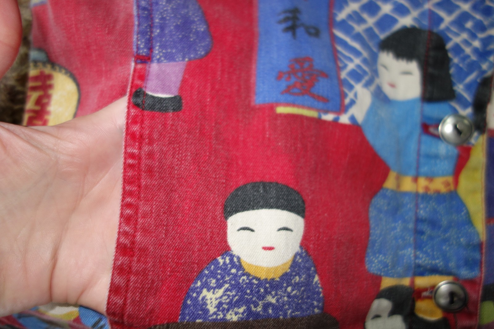 Chicos Design Asian Oriental Kokeshi Doll Art Colorful Cotton Denim Jacket Sz 1