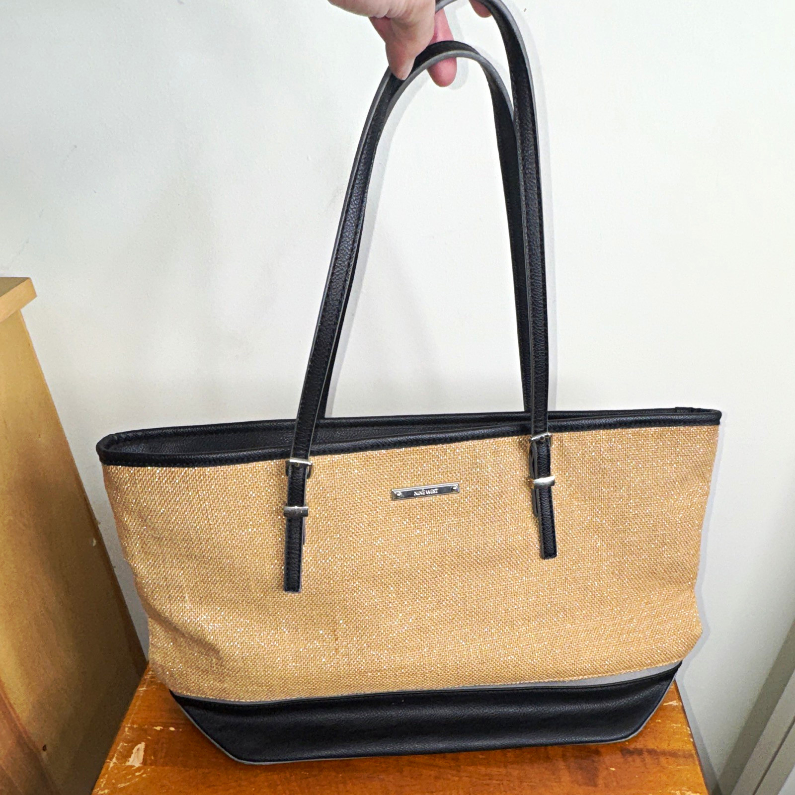 Nine West Beige/Black Tote Bag Zip Top, Lined, Inner Pockets Studs