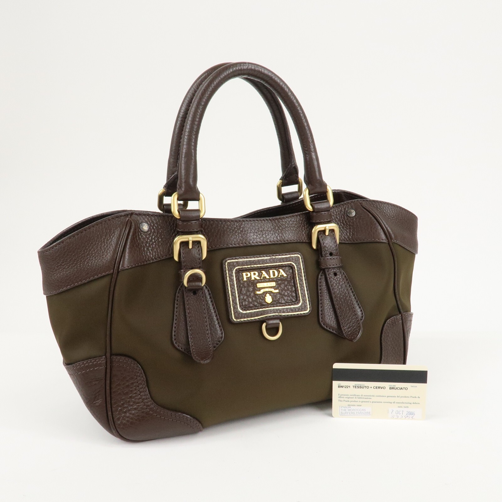 PRADA Logo Hand Bag Kahki Brown Nylon Leather BN1221 Auth Used