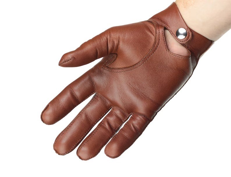 Mens leather gloves without lining – classic gloves with popper wrist fastener,