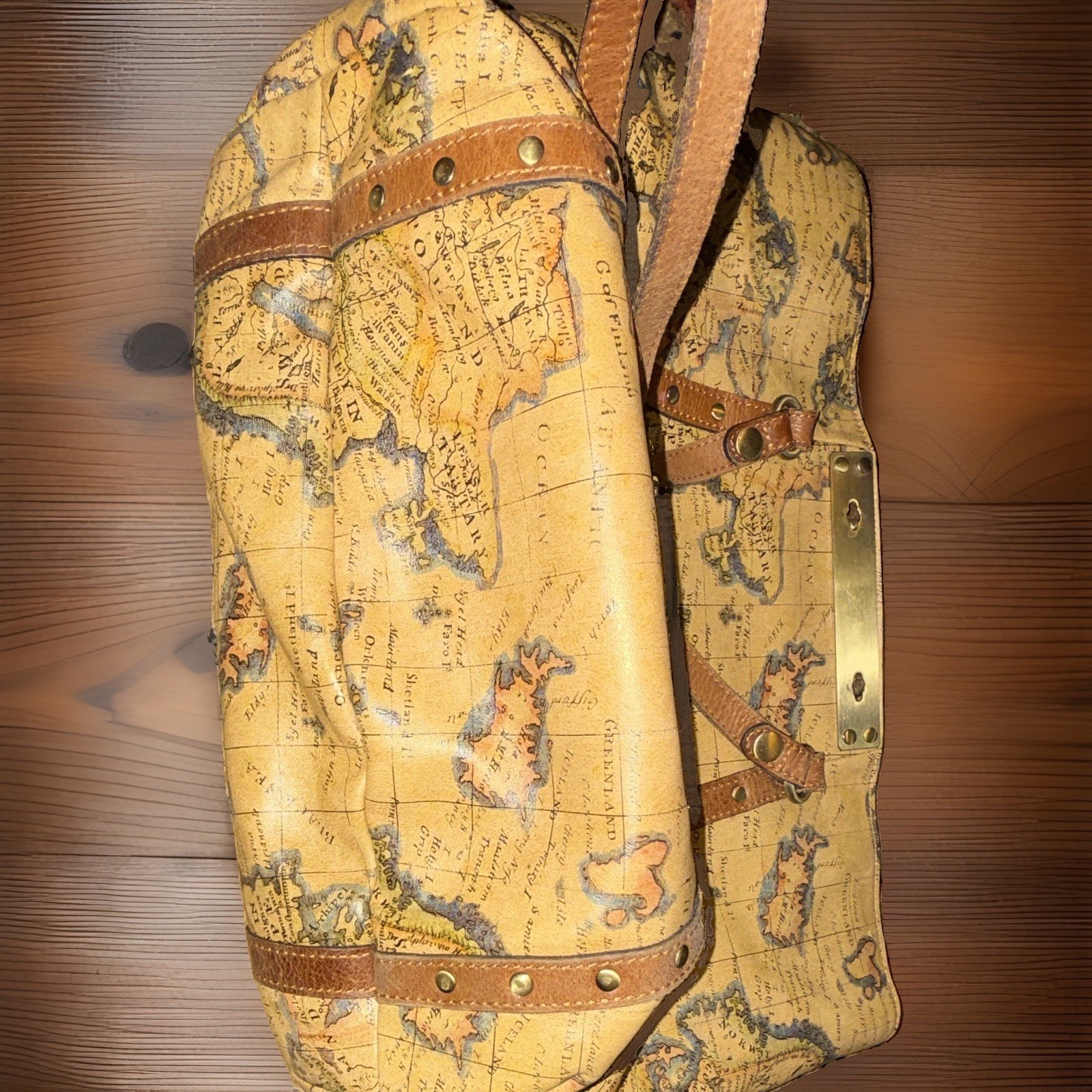 Patricia Nash European Map Print Leather Tote Bag Brown Tan 18” wide, 12.75”tall