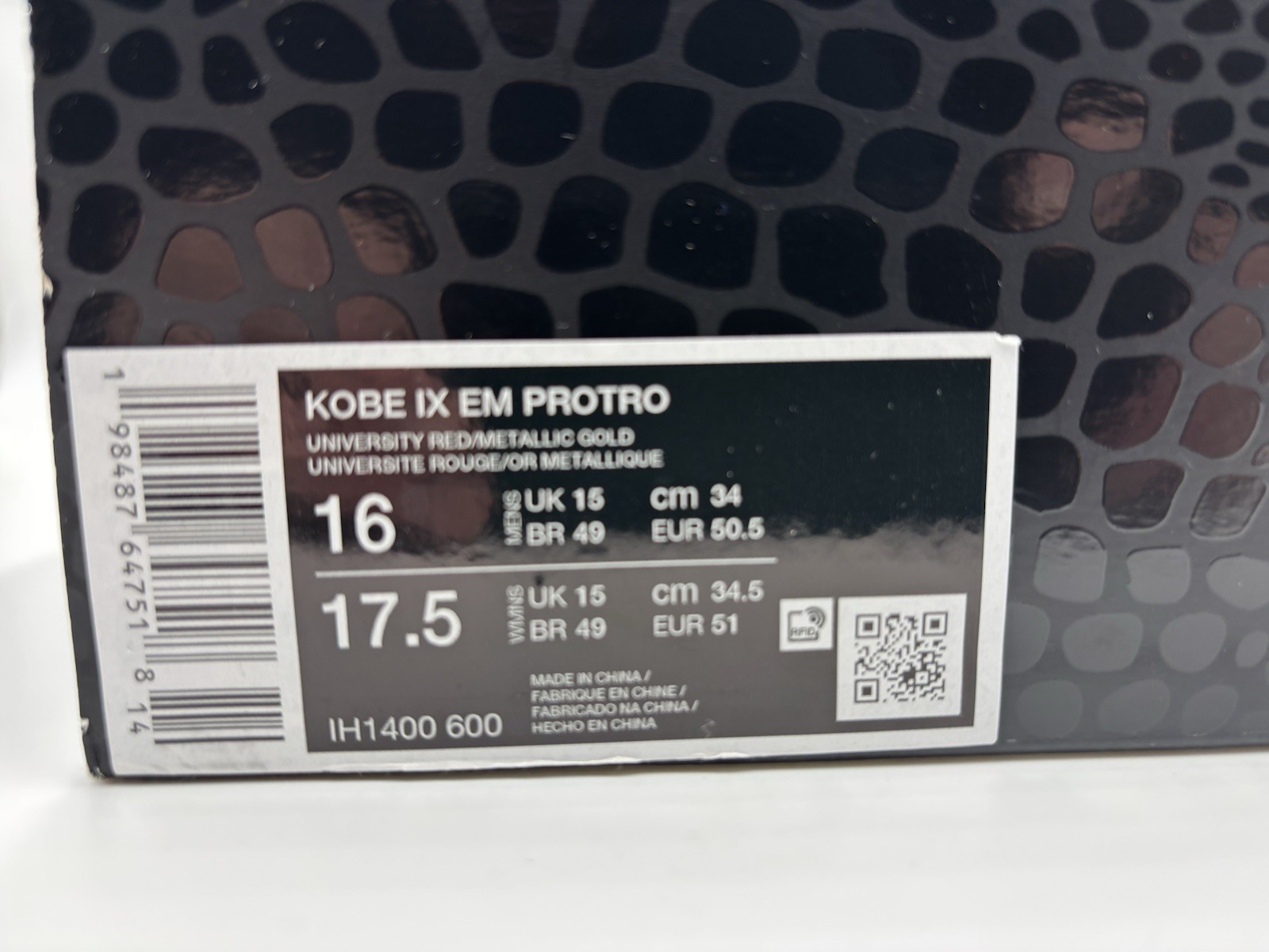 Nike Kobe IX EM Protro China University Red Metallic Gold IH1400-600 SIze 16