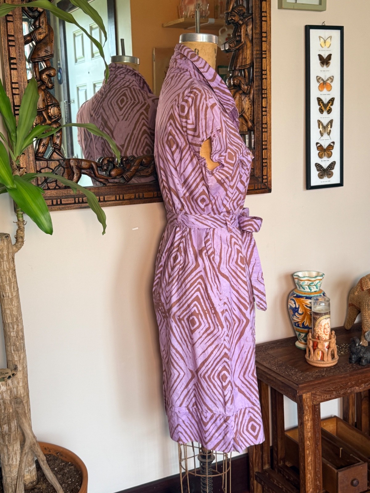Global Mamas Cotton Lavender/Brown Batik Dress Size L