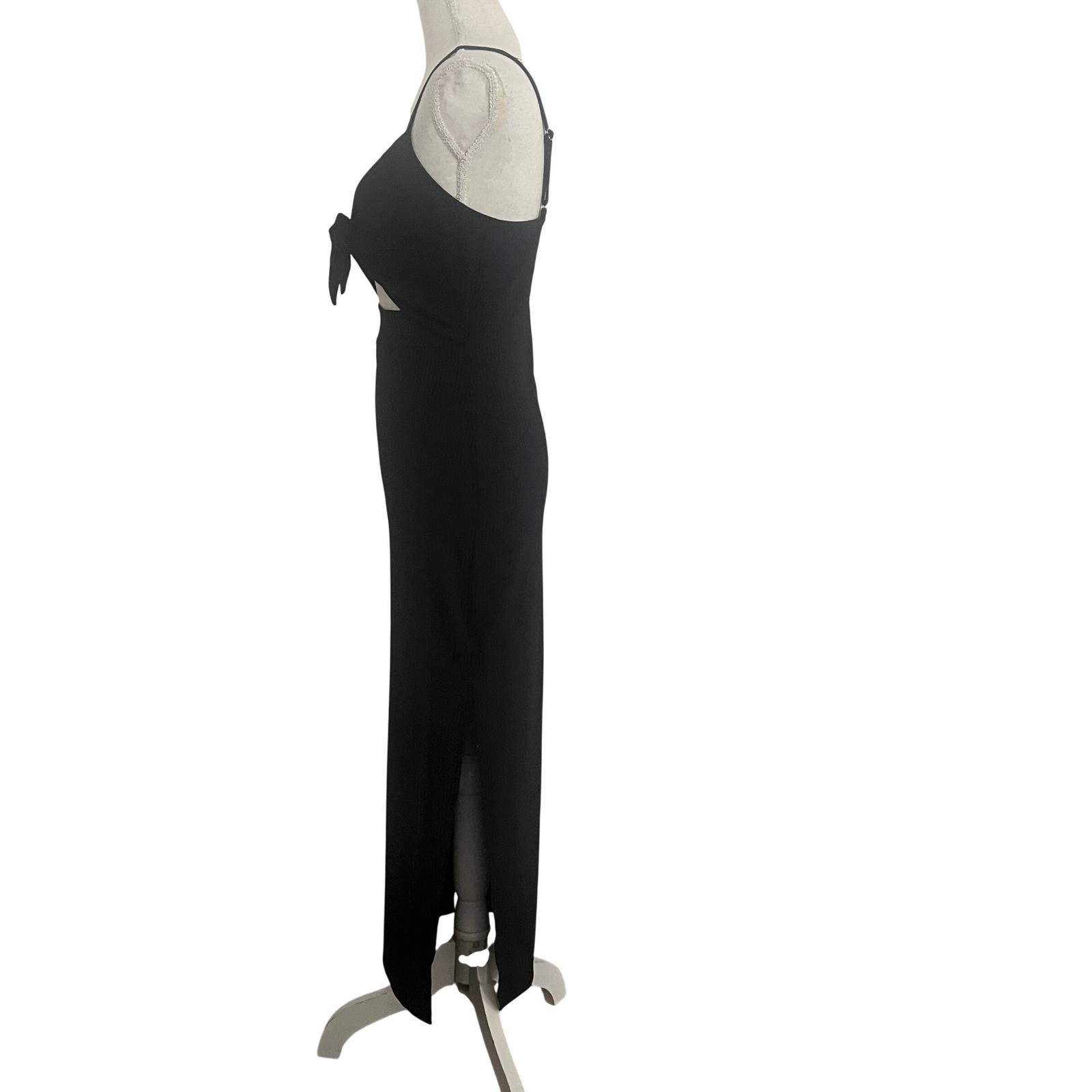 Lyaner Womens Black Ribbed Tie Front Cutout Maxi Dress Size S Adjustable Straps
