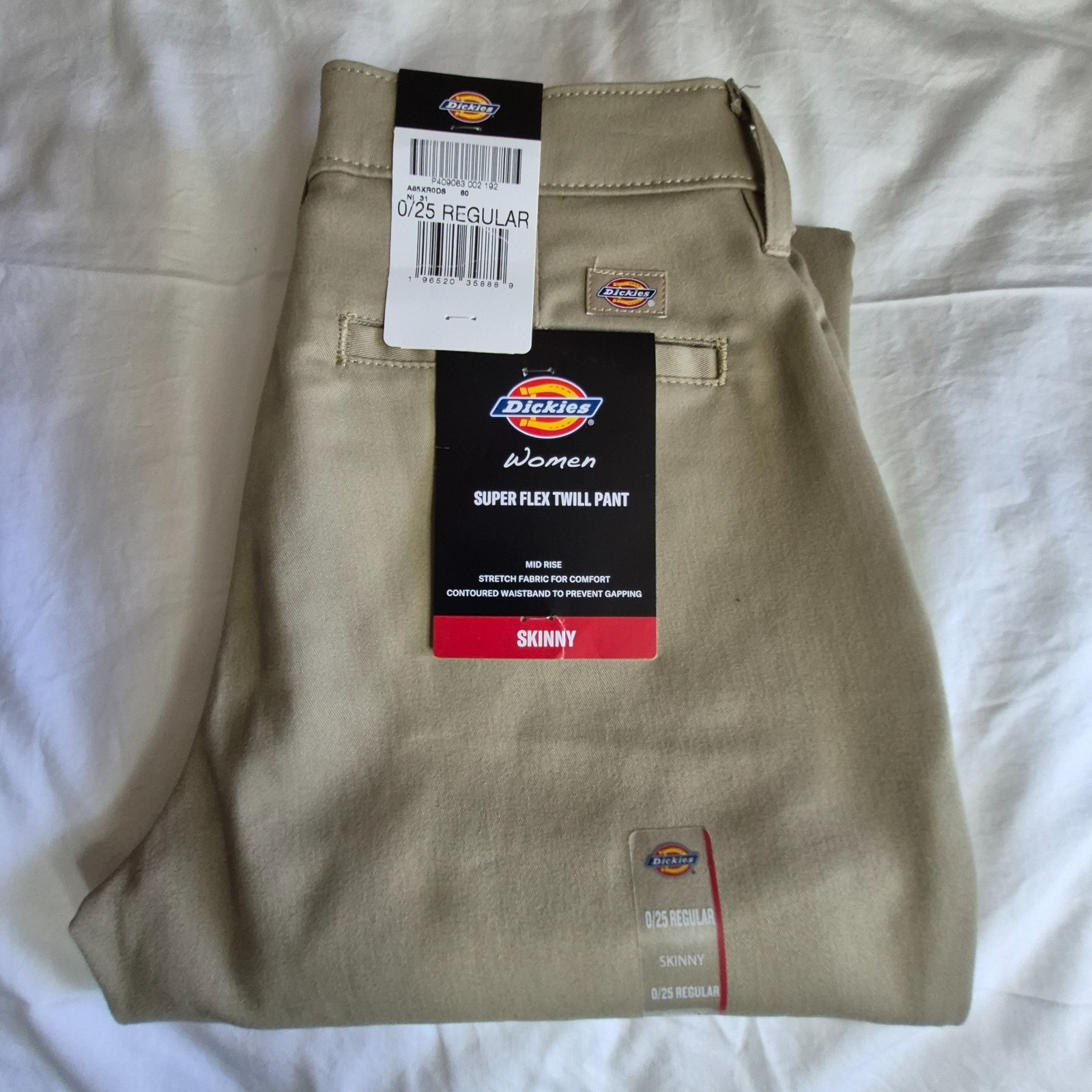 Dickies Women’s Straight Flex Twill Pant, Skinny Tan, Size 0/25 REGULAR, NEW