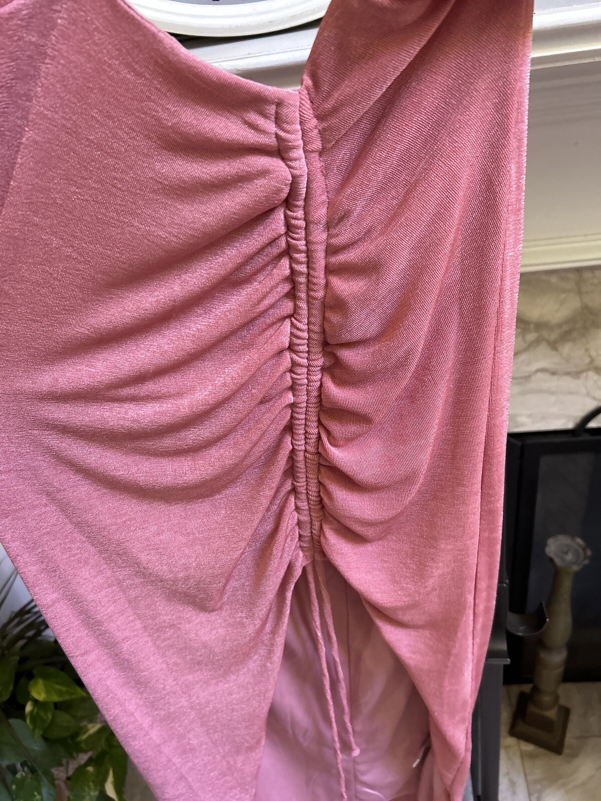 BLANC jersey ruched front cross strap halter neck dress in light rose sz M