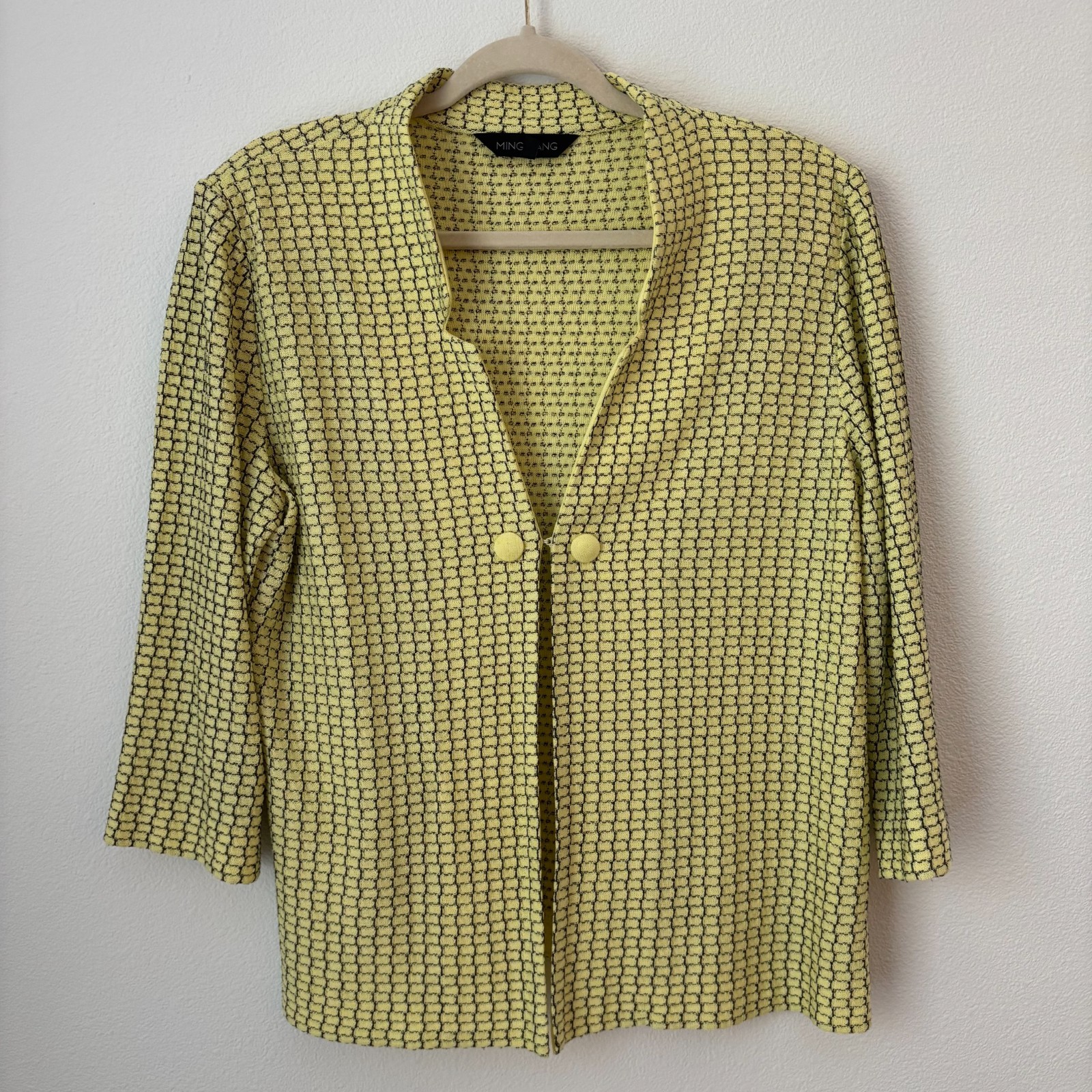 Ming Wang Sweater Women’s Large Yellow Black Grid Pattern Cardigan 3/4 Sleeve