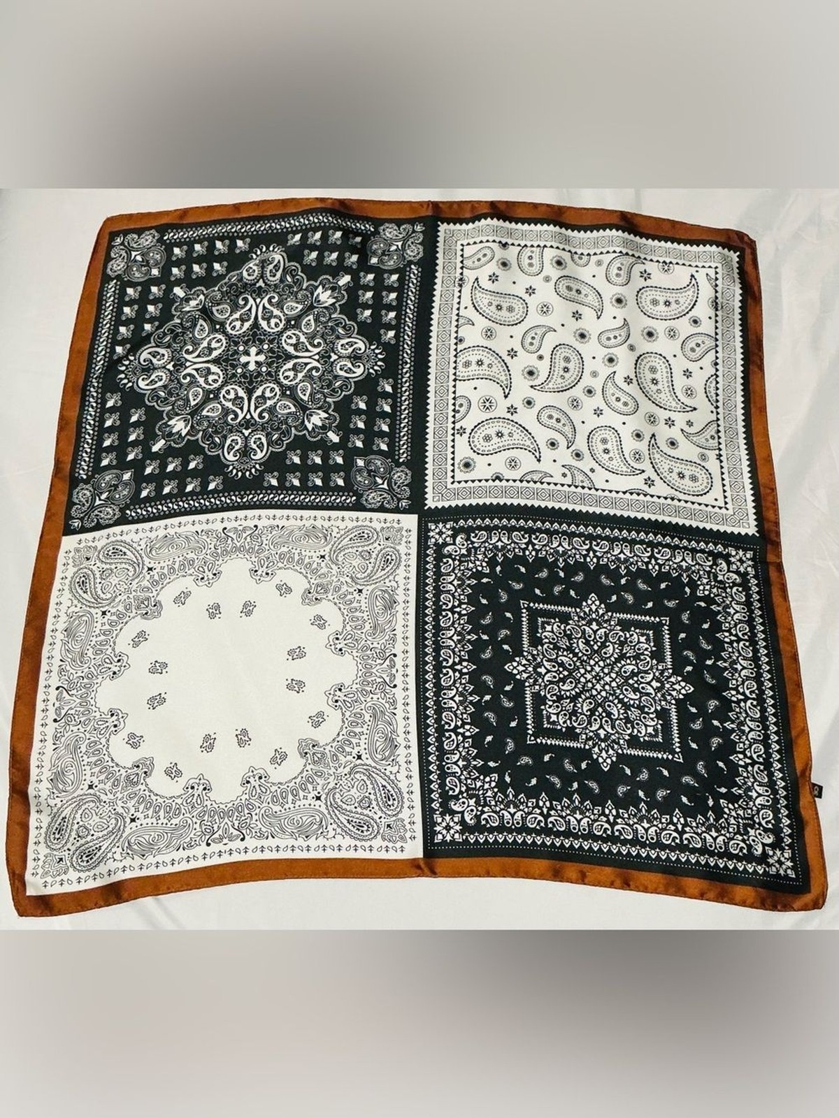 Black & White Paisley Square with Brown Trim scarf Western Boho Neck Wrap EUC