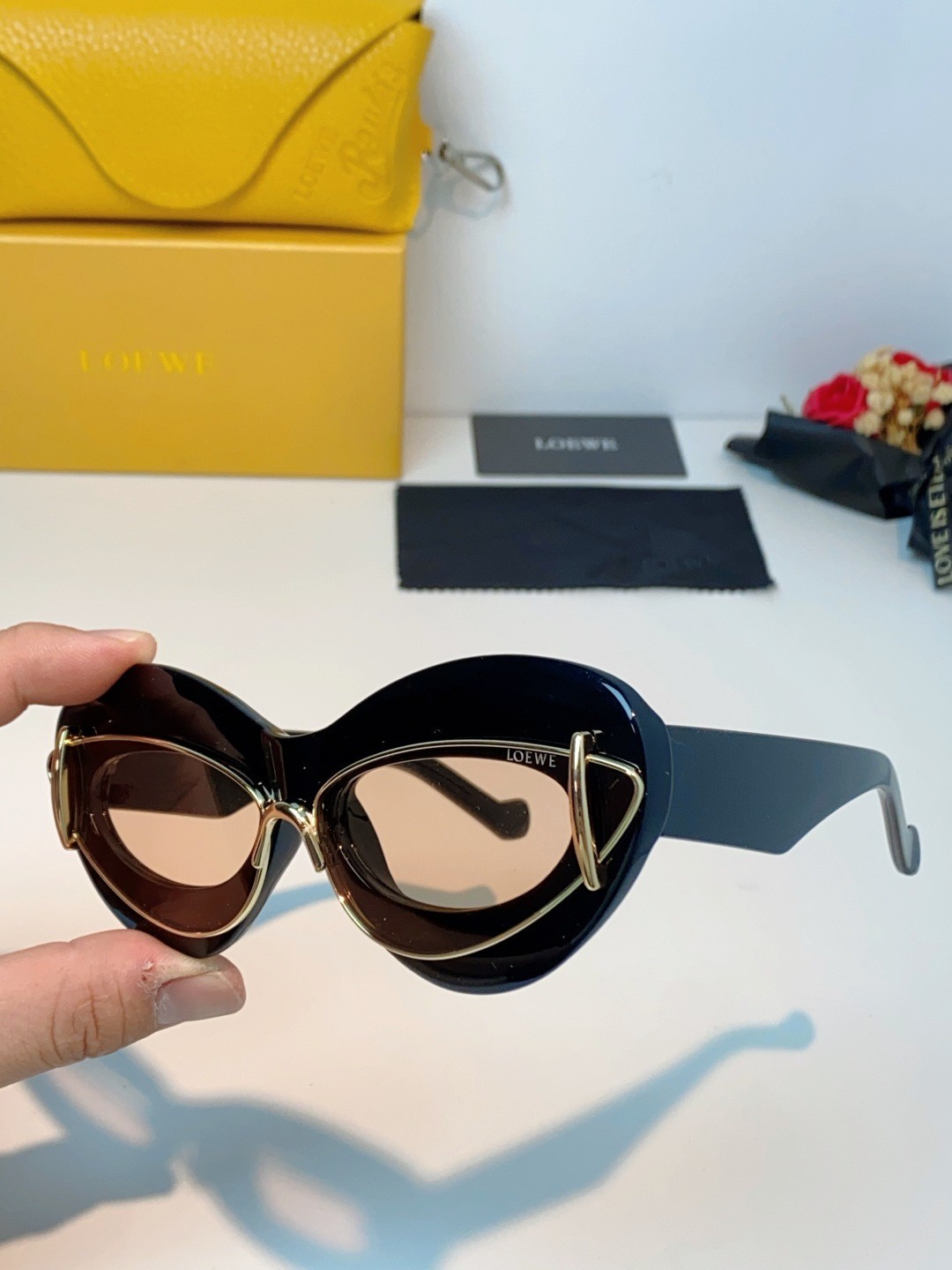 LOEWE Cat Eye Sunglasses Black Frame Light Pink Lens Double Rim Fashion Shades