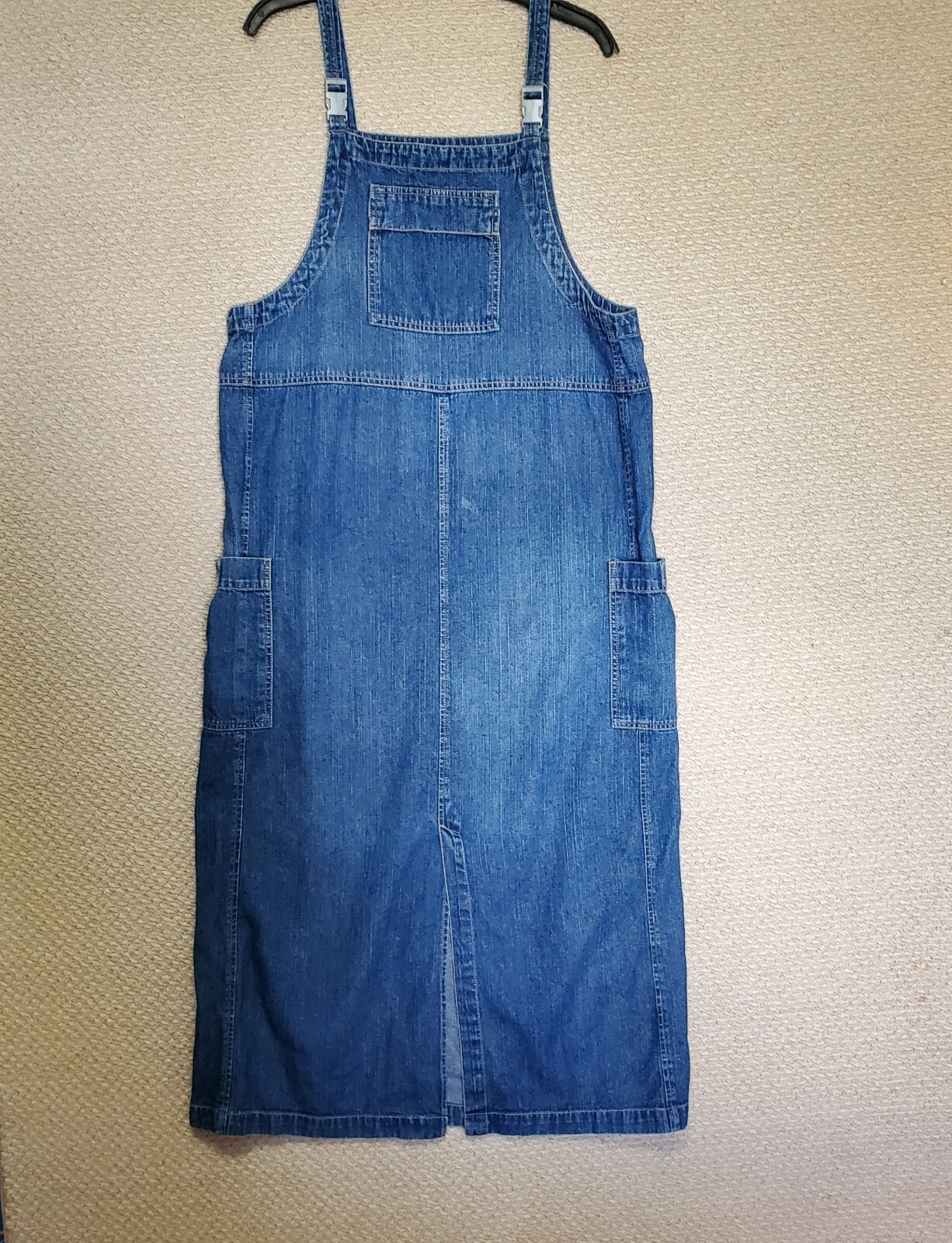 Vintage Overall Dress Sz Large Denim Blue Jean Faded Glory Modest 3 Pocket