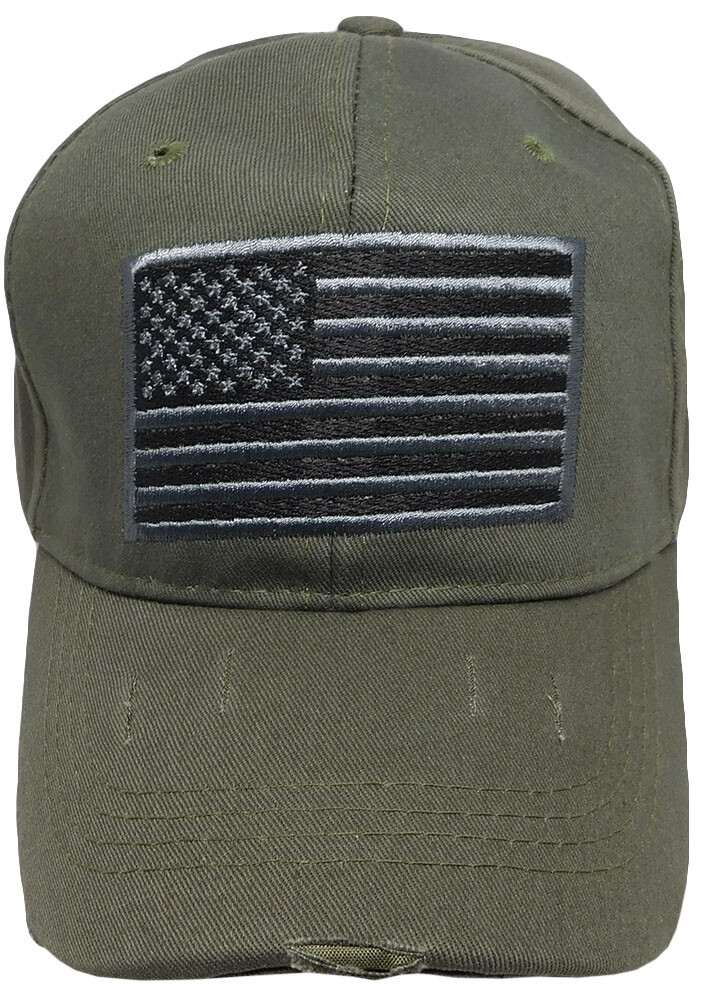 USA American Grey & Black Flag Patch Olive Green Distressed Embroidered Cap Hat