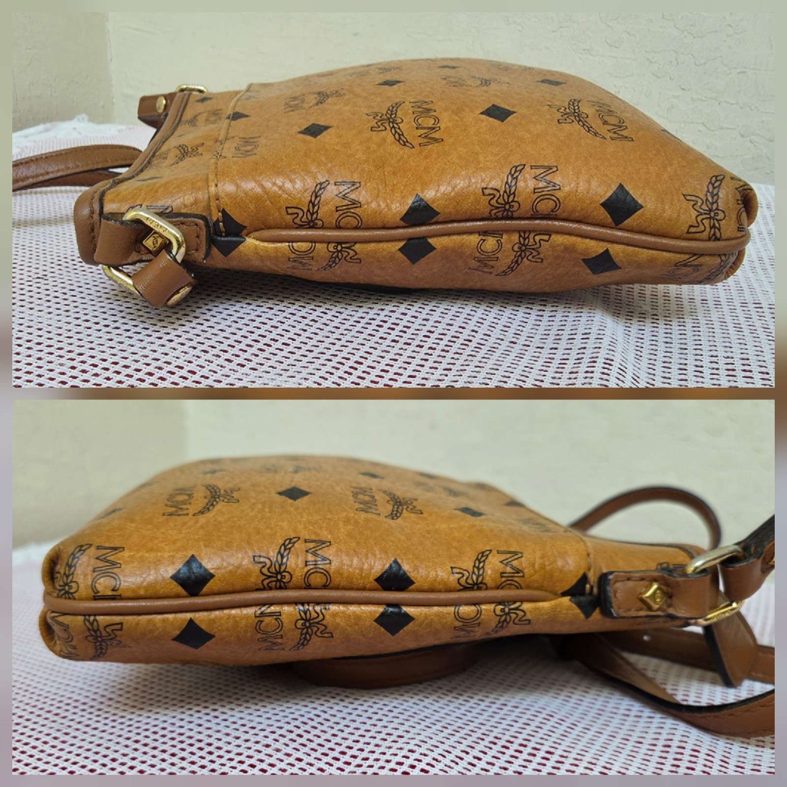 MCM Cognac Monogram Small Flat Shoulder Crossbody Bag AUTHENTIC