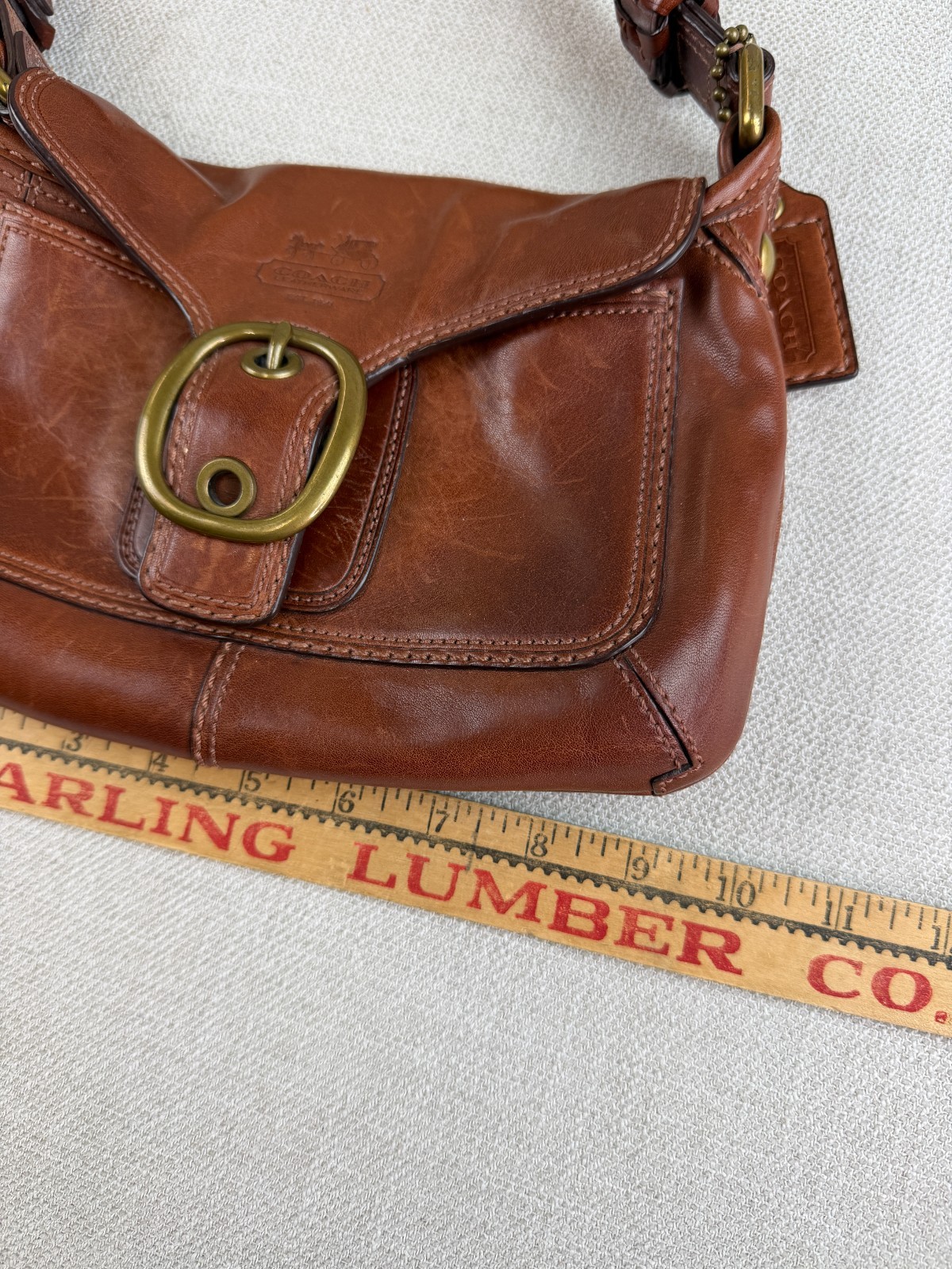 Coach Bleecker Legacy 11427 Cognac Leather Flap Shoulder Bag Tattersall Plaid
