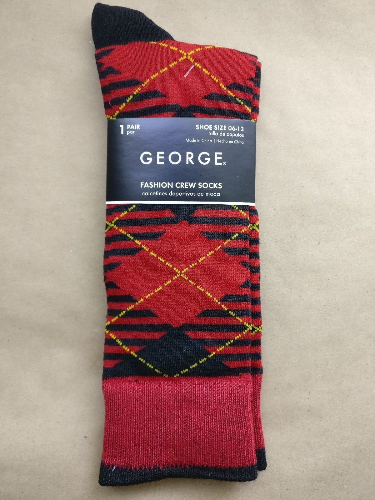 Mens George Fashion Crew Dress Socks Red/Black Plaid Argyle 1 Pair Size 6-12
