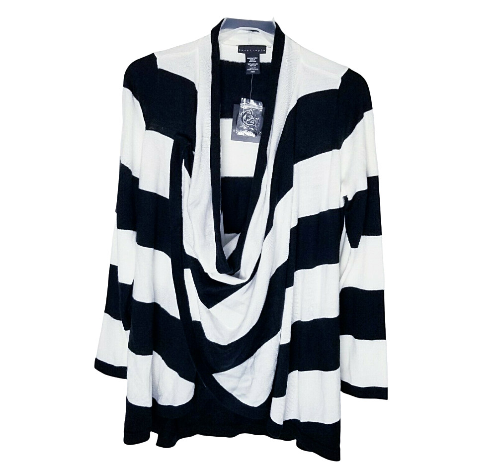 Apostrophe Draped Cardigan XS Black White Striped Open Front Knit Sweater NEW