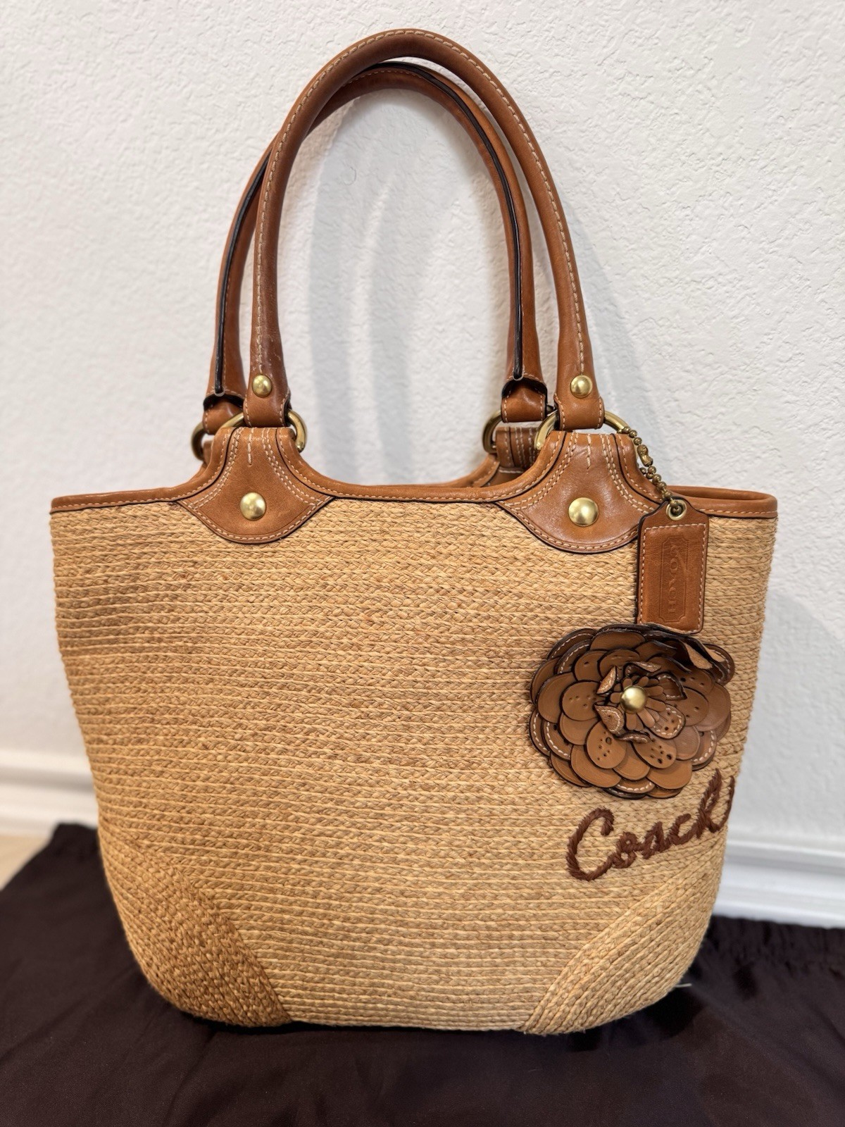 Vintage Y2K Coach Bleecker Straw Flower Tote Handbag