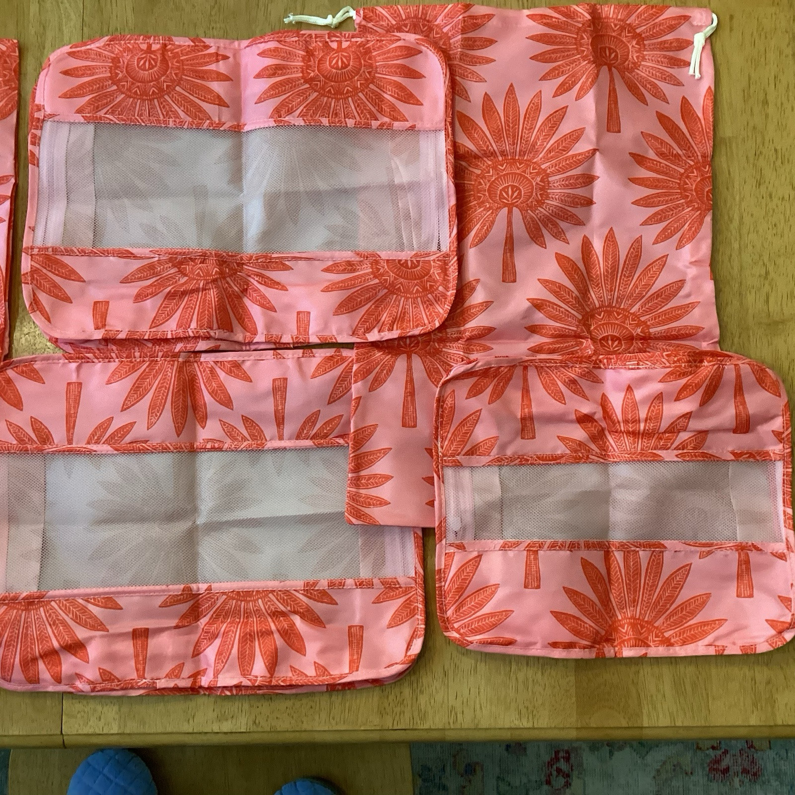 Spartina 449 6-piece Packing Cubes Palmetto Frond Print NWT Pink Red