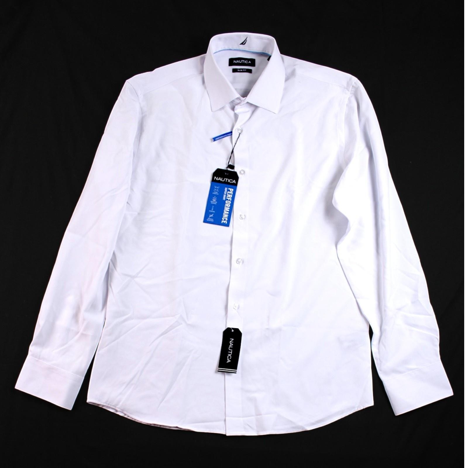 Nautica Dress Shirt Mens L 16-16.5 34/35 White Slim Fit Button Front $79 NEW