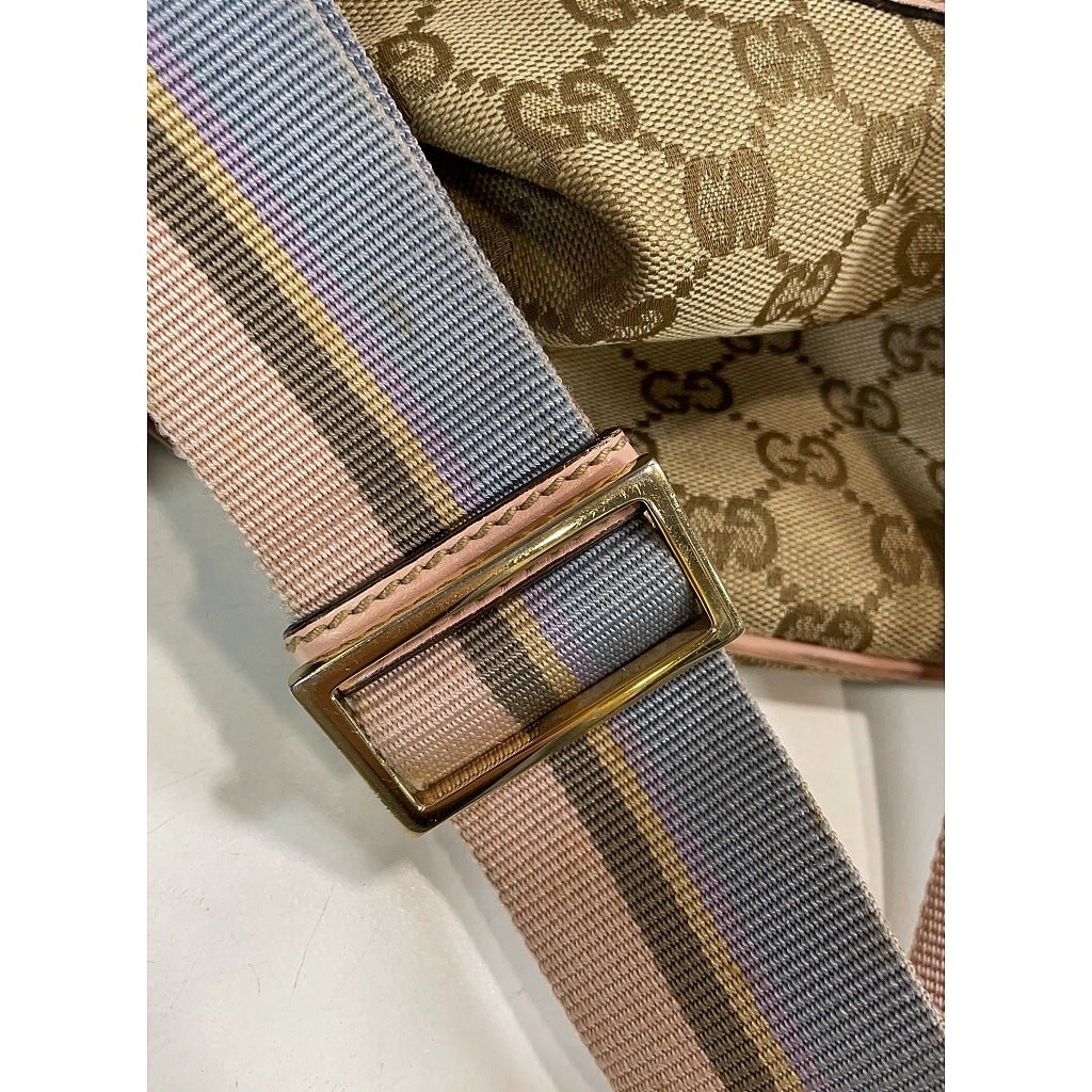 Gucci Monogram Web Medium Half Moon pastel Accents Canvas W/Leather trim.