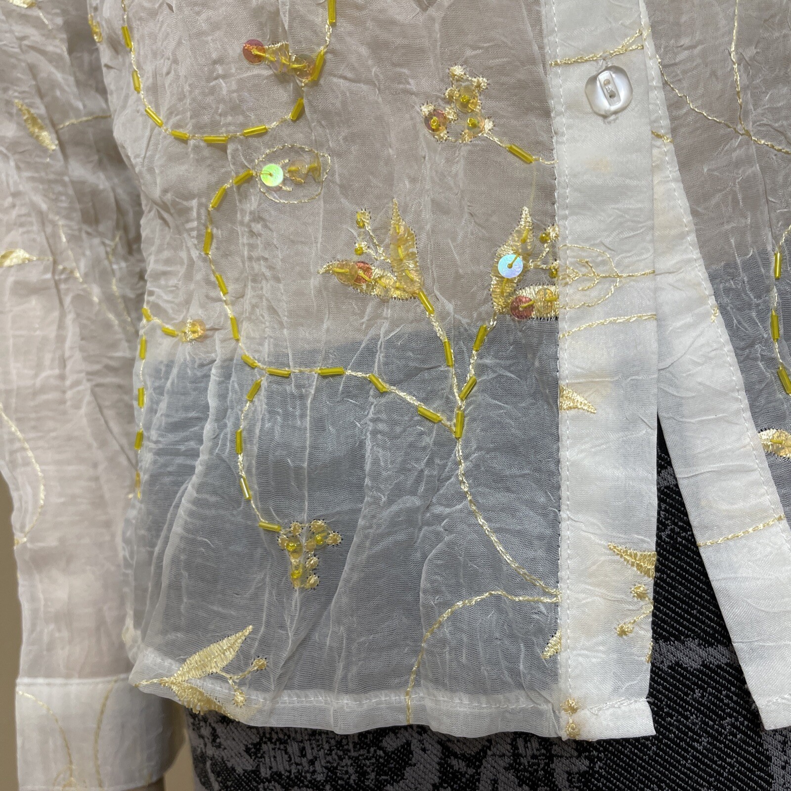 Women’s Ivory Polyester Sheer Yellow Embroidering Beaded Size L Button Up Top