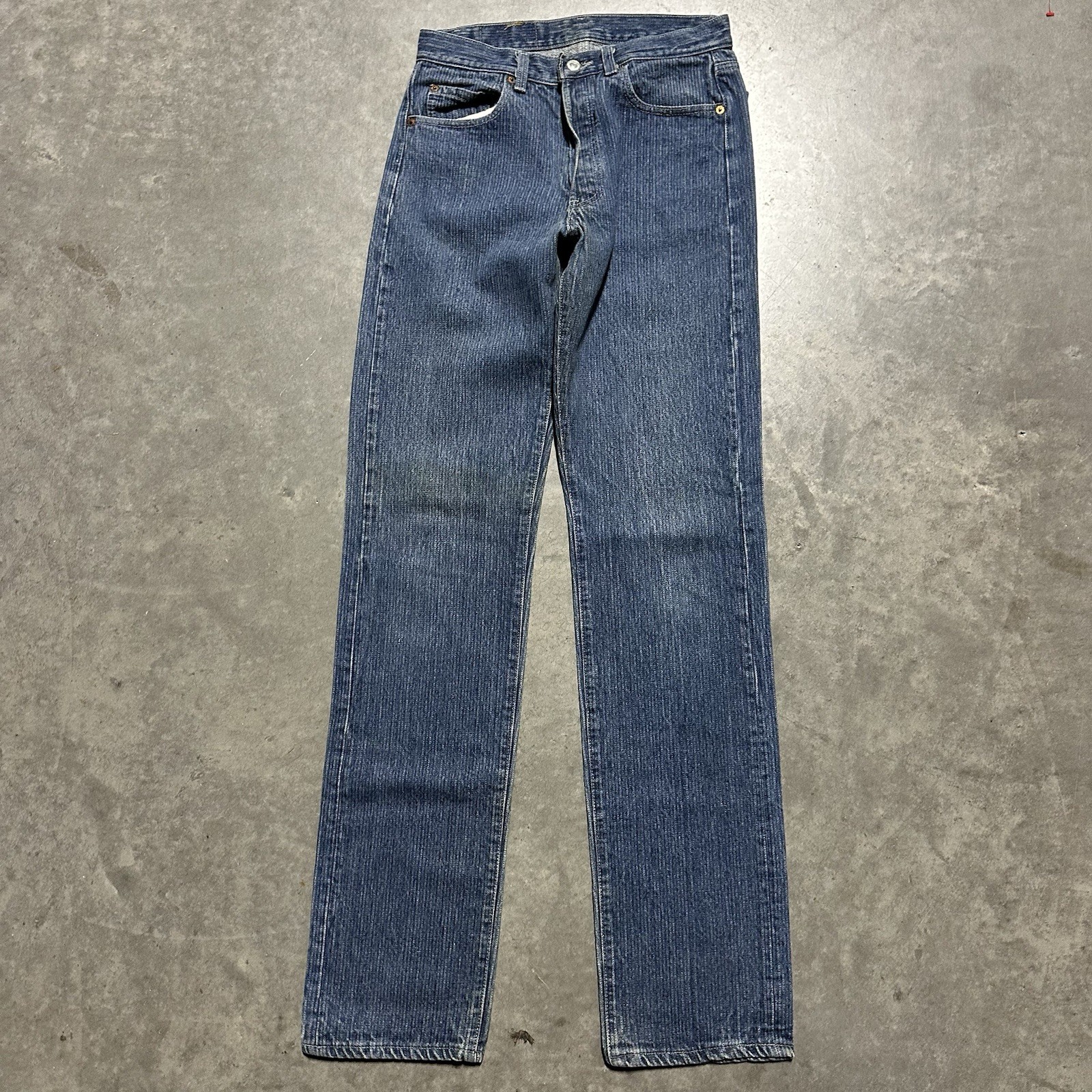 Vintage 80’s Levi’s 501 29×35 Wabash Pinstripe Blue Jeans Button Fly Made USA