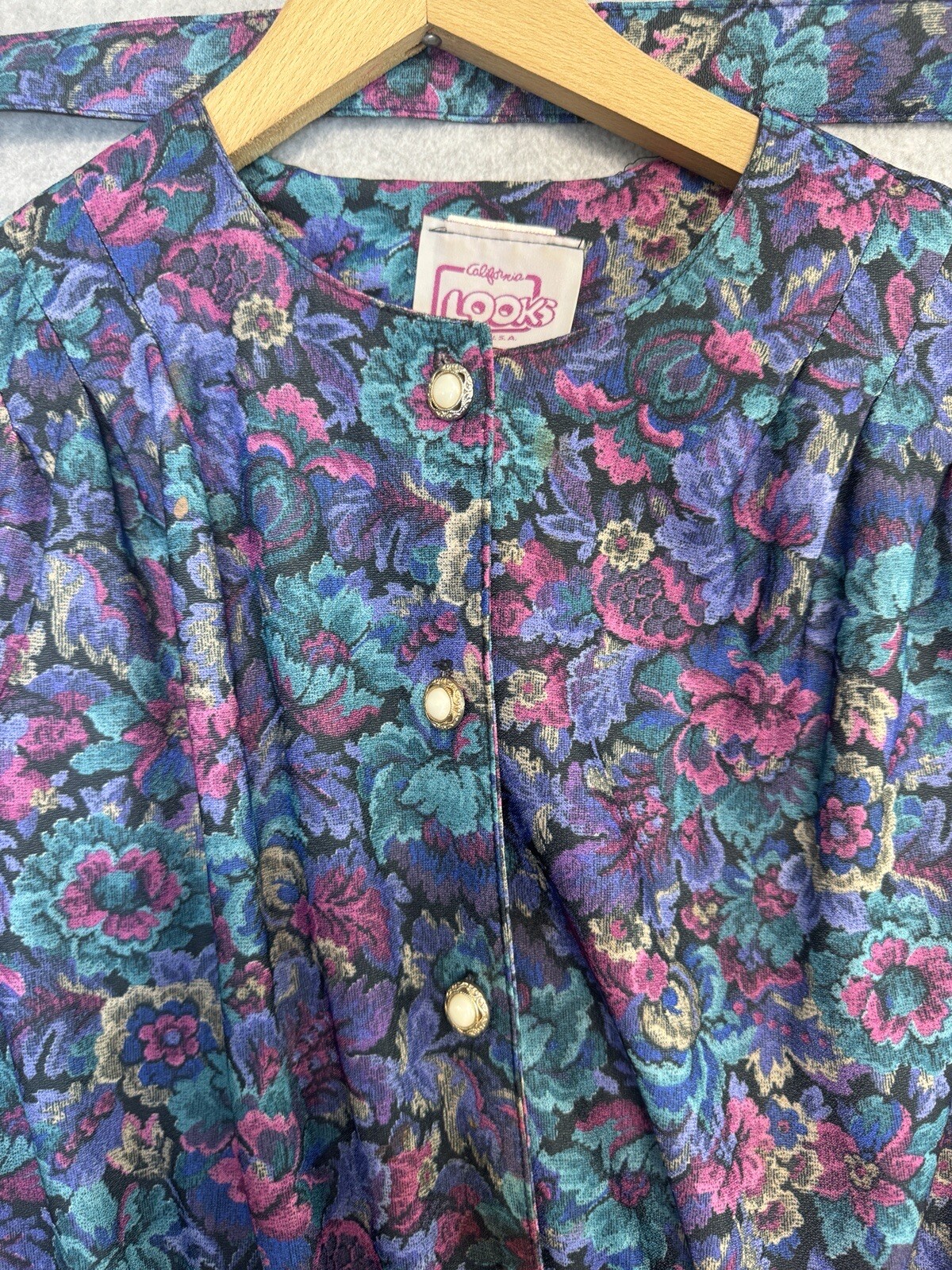 VTG 80s California Looks Floral Jacquard Belted Midi Dress Sz 10 Made USA Purple