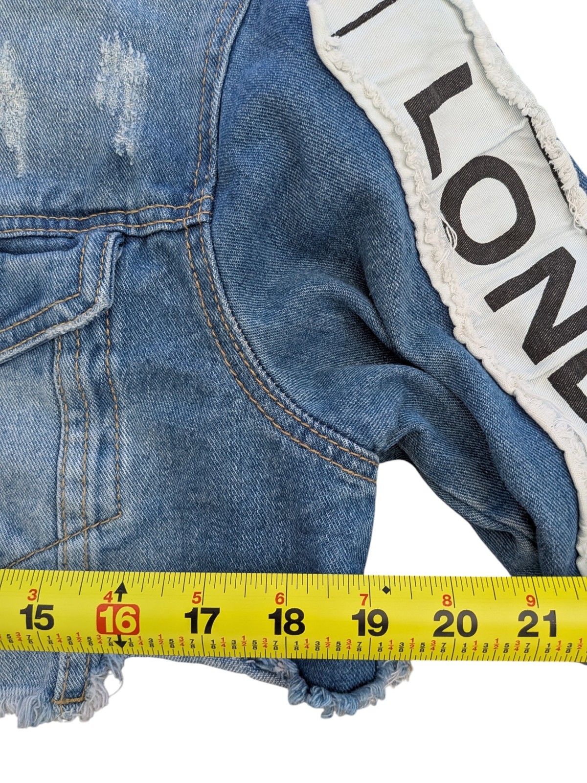 American Bazi Cropped Denim Fashion Tour Jacket Distressed Patchwork Raw Hem Med