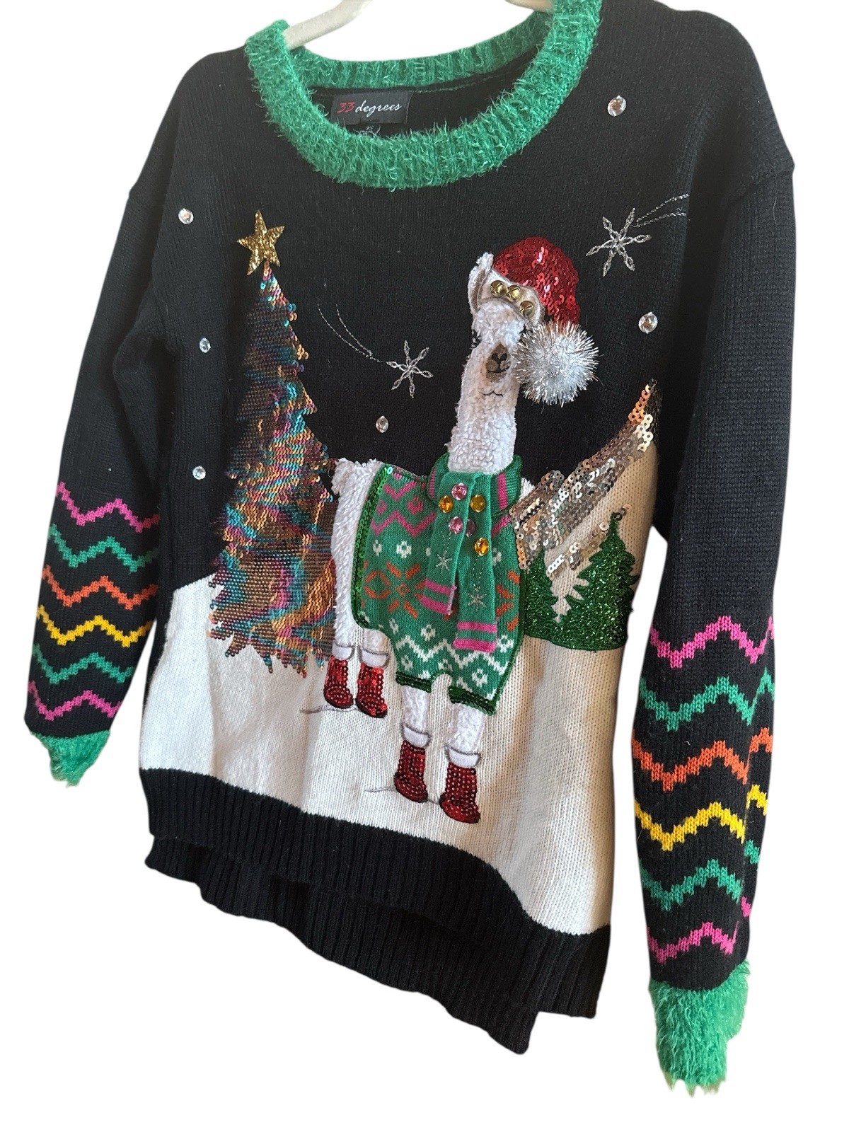 33 Degrees XS Llama Tree Ugly Christmas Holiday Sweater Sparkly Soft Endearing