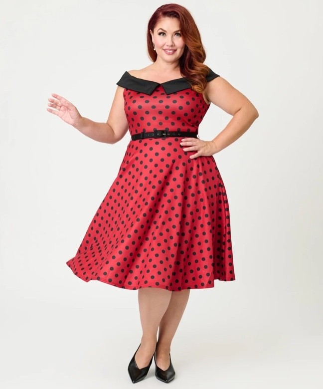 UNIQUE VINTAGE RED & BLACK DOT OFF THE SHOULDER SWING DRESS – NEW – REG & PLUS