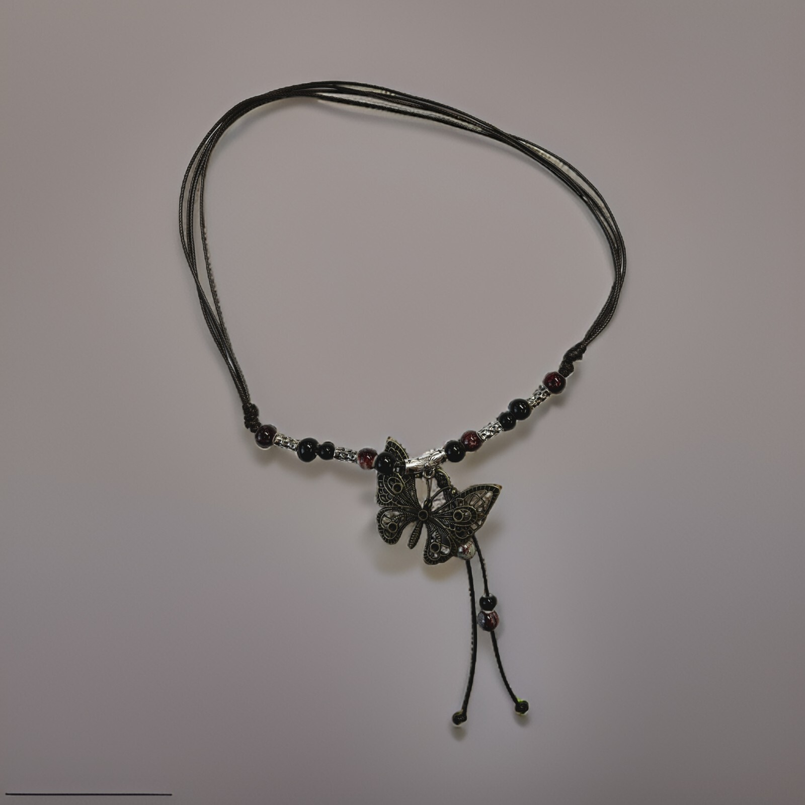 Black White Bead Silver Butterfly Pendant Charm Blessing Vintage Necklace