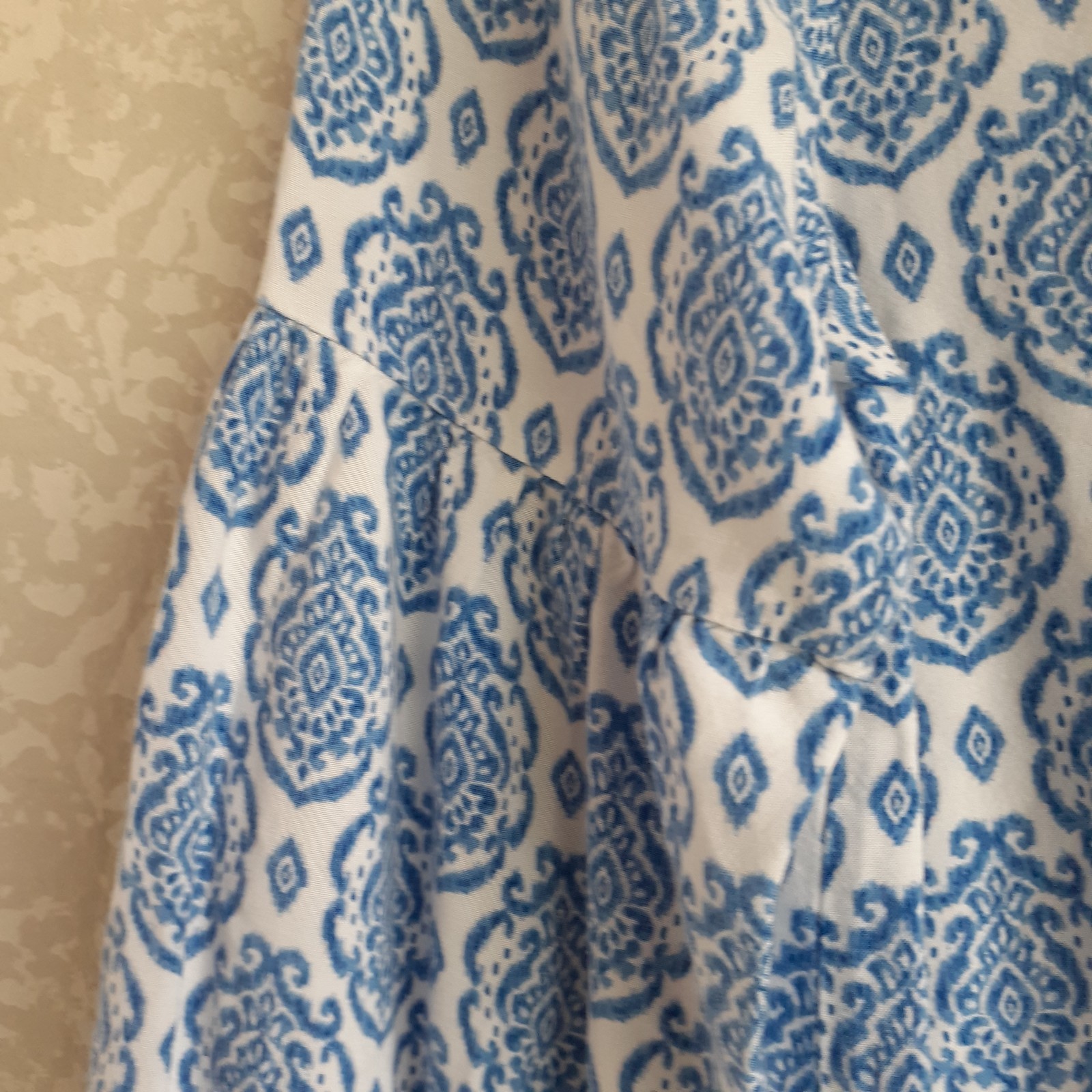 Womens Boho Peasant Ikat Blue White Top V Neck Long Sleeve Tassels Size Small
