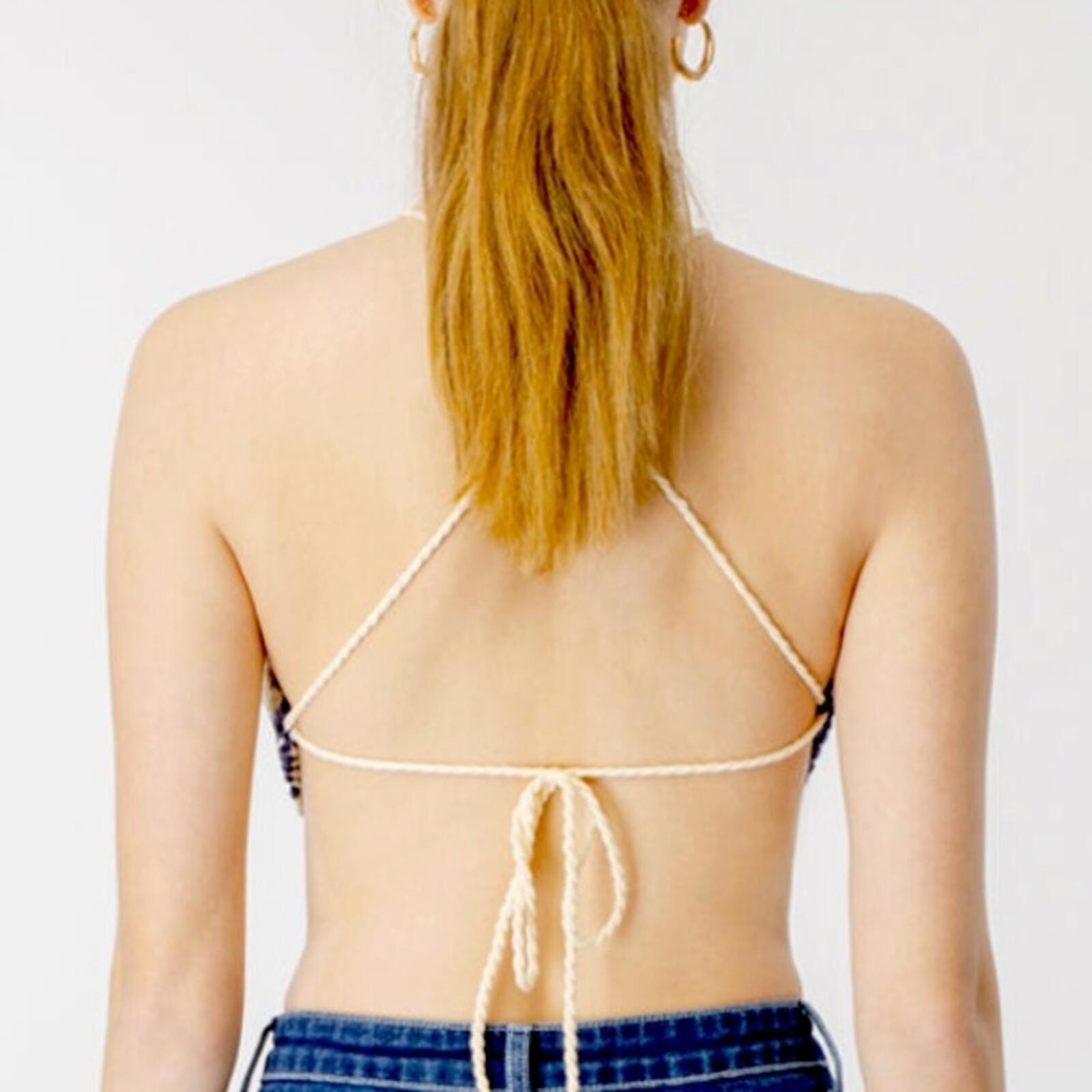 Brand New Bardot Navy Blue & Beige Chunky Striped Knit Backless Halter Top