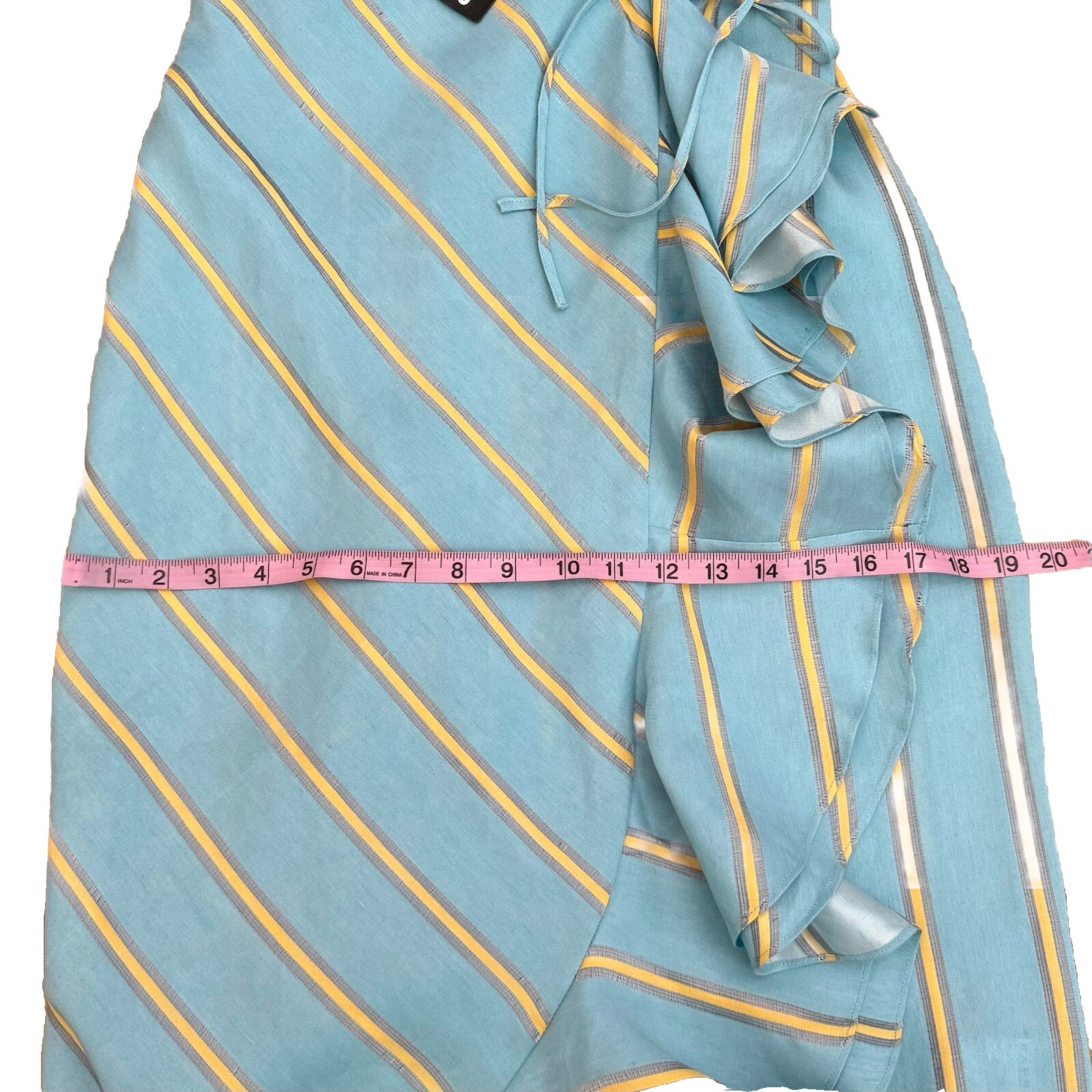 PAPER LONDON NWT Peonie Ruffled Striped Linen Rayon Midi Wrap Dress Blue Size 4