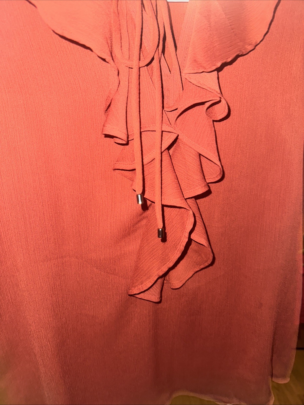 Sleeveless Ruffled Keyhole Tie Blouse Rust Brick Flowy Semi Sheer Small Tommy
