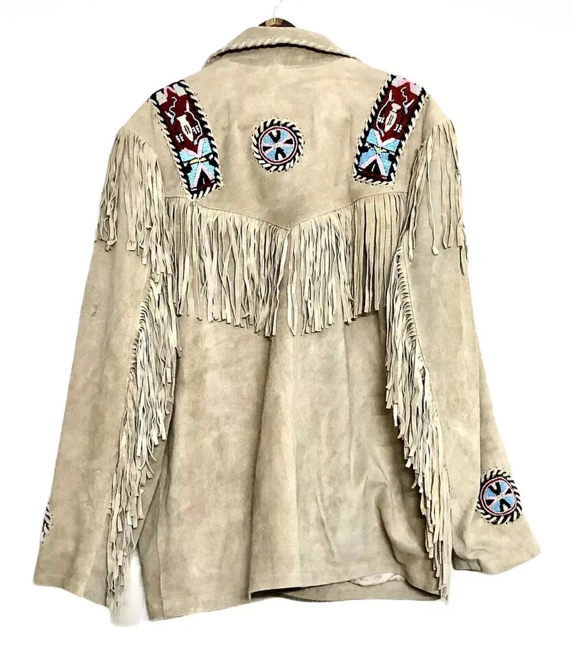 Men Western Cowboy Suede Fringe Jacket Beaded Native American Leather Jacket