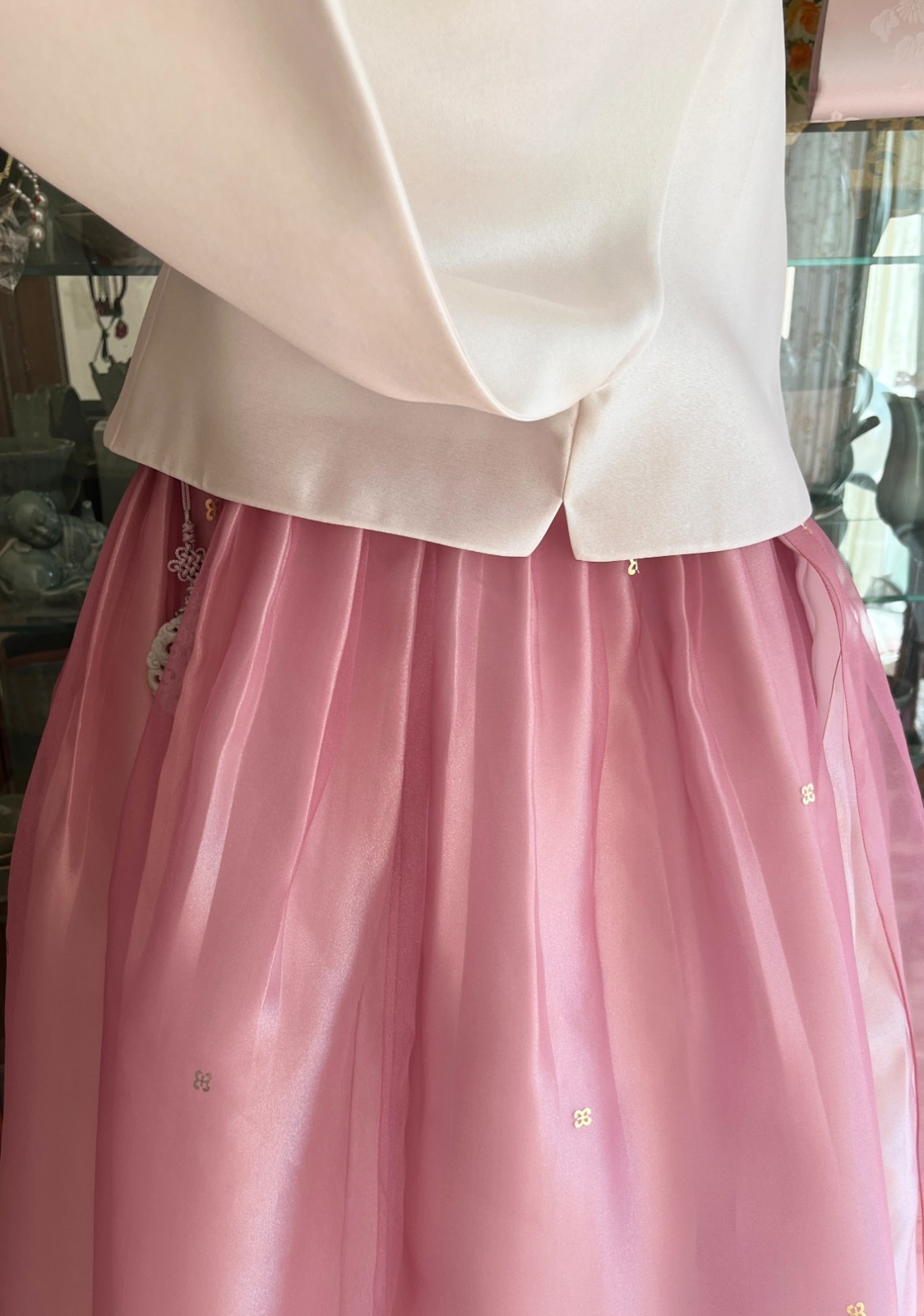 Korean Traditional Dress Hanbok Set- Ivory Top Pink Gallae Skirt / Petticoat Bag