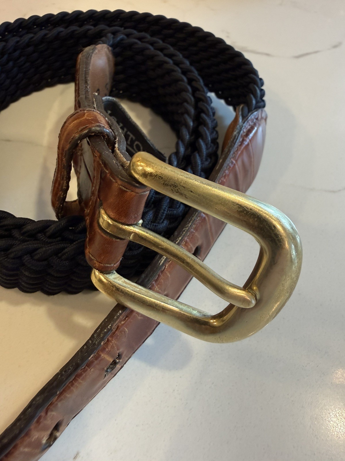 Brighton Mens Moc Croc Leather Belt & Black Woven Stretch Elastic Cord Size 42