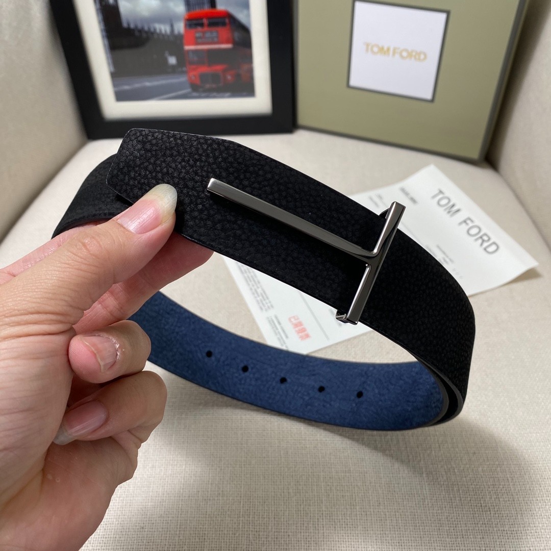 Tom Ford Belt Reversible T-Silvery Buckle Black/Blue Calfskin Leather Belt