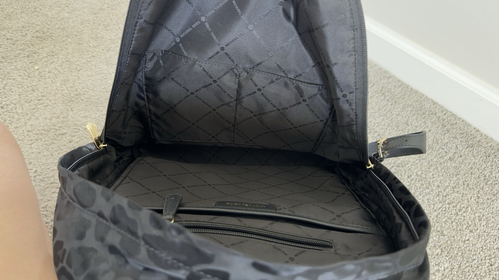 Michael Kors Black Animal Print Backpack Zip Closure Gold Hardware Inner Pockets