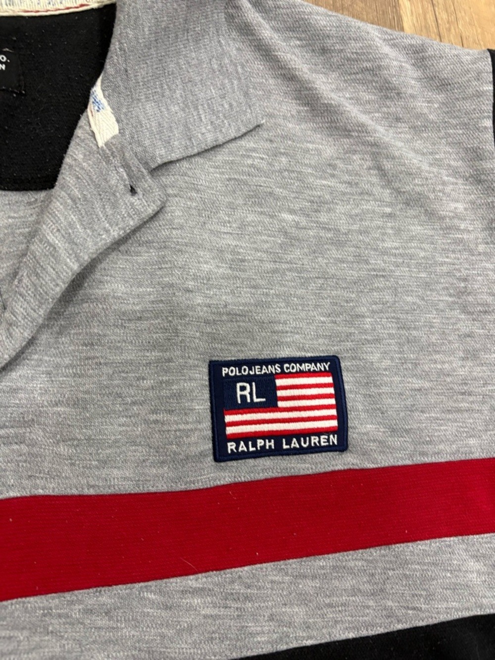 Vintage Striped Polo Button Shirt with American Flag Patch – Gray, Black & Red