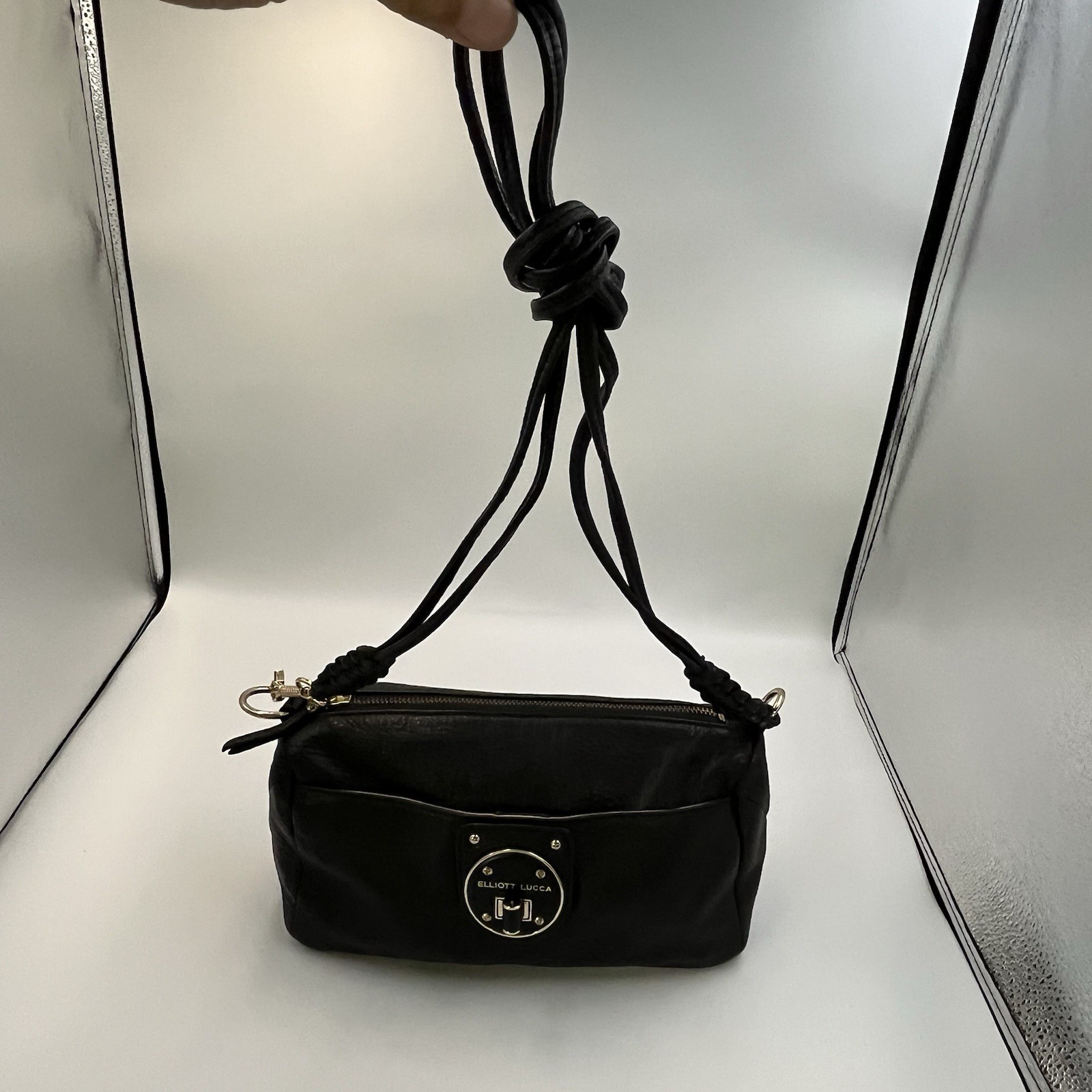 Elliott Lucca Purse Mari Black Leather Gold Trim Shoulder Handbag / Purse