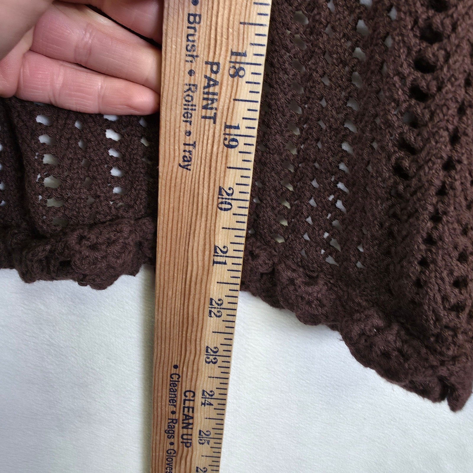 Crochet Knit Cardigan Womens L Brown Open Ruffle Ribbed Layering Lounge Sweater