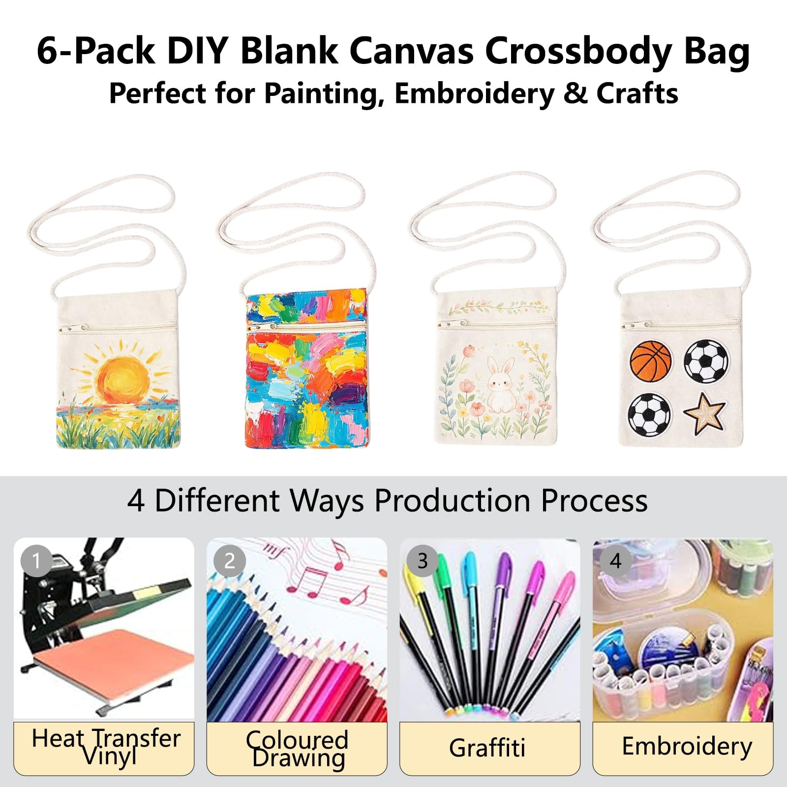 6Pcs 13x17cm Blank Canvas Crossbody Bag,Bulk Mini Zipper Shoulder Bags,Cloth
